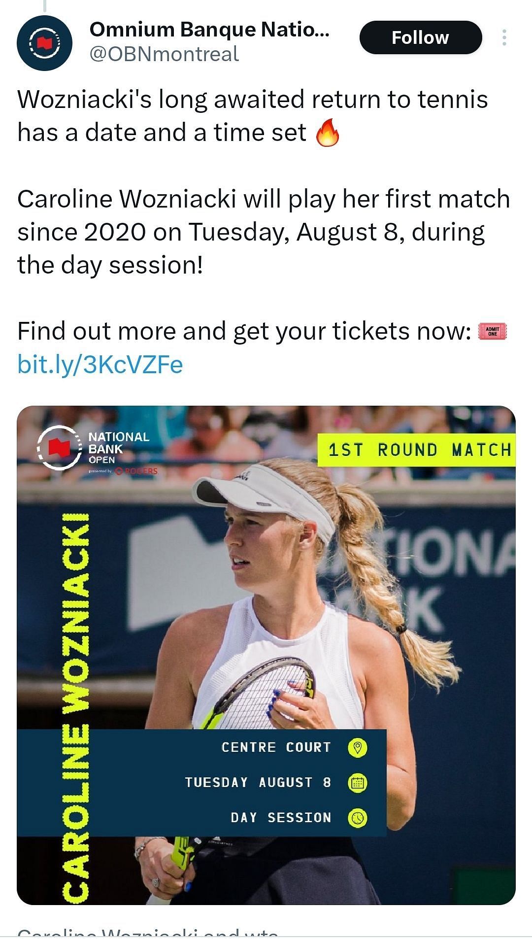Caroline Wozniacki will feature on Day 2 of the Canadian Open