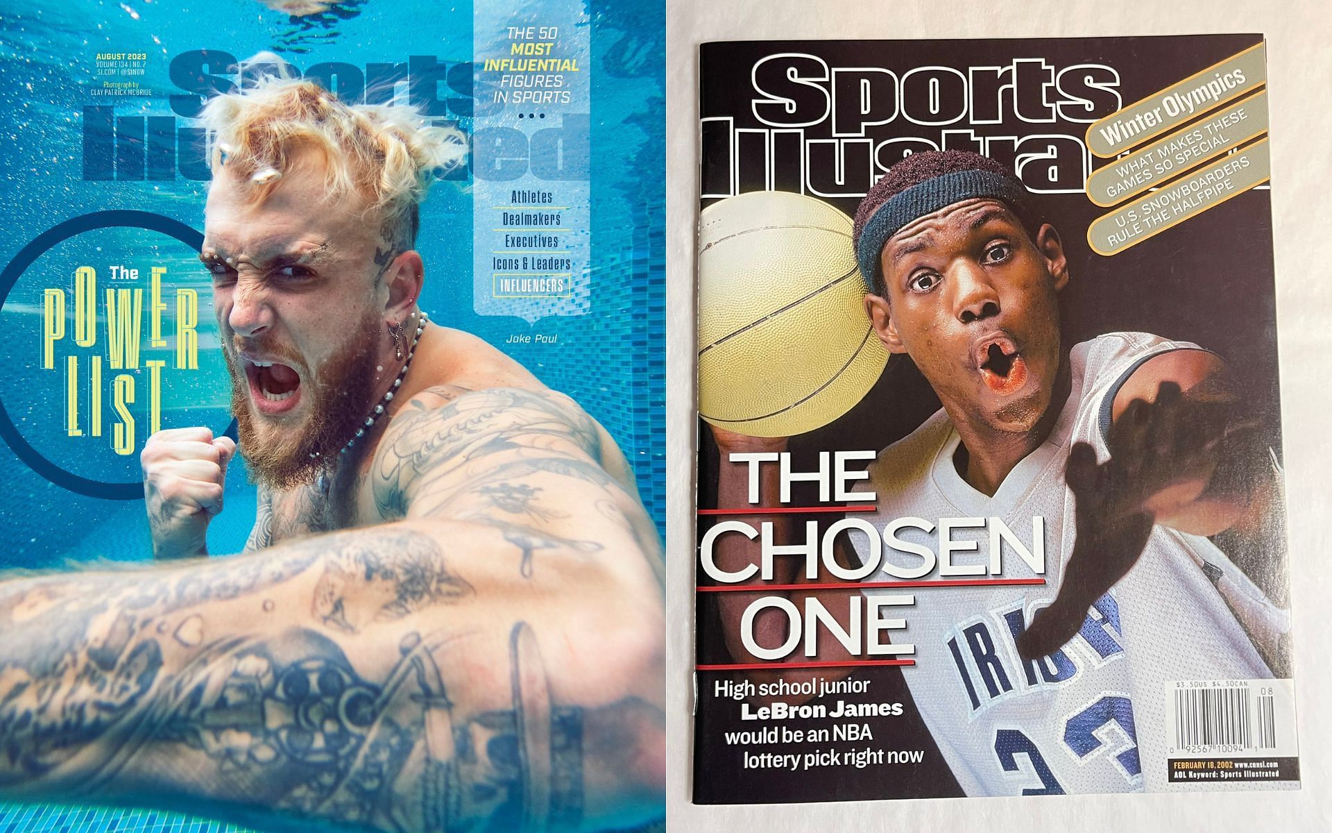 Jake Paul (left) and LeBron James (right) on Sports Illustrated cover [Image credits: @MostVpromotions and @CGC_SI on Twitter]