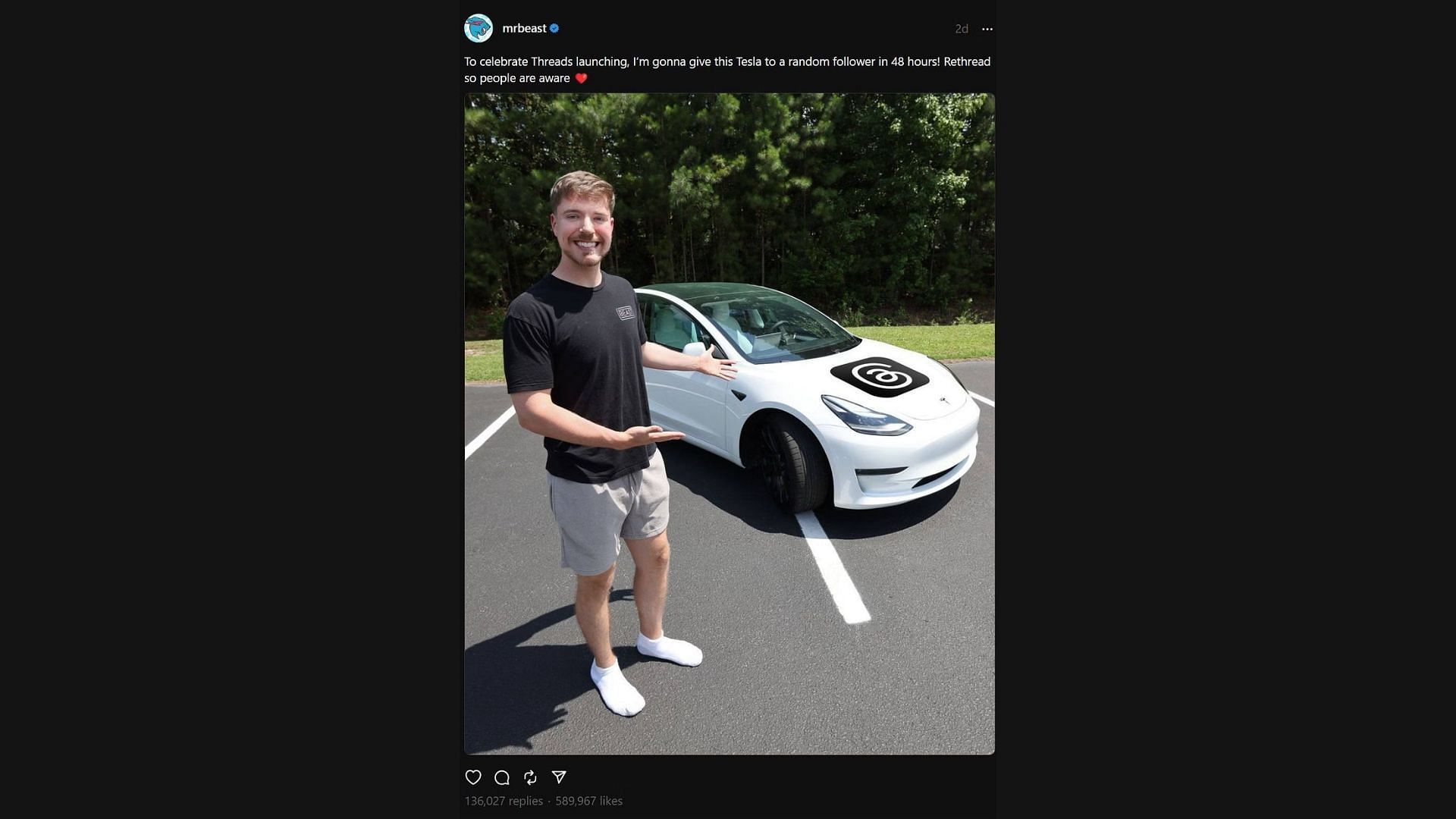 MrBeast&#039;s Tesla giveaway post on Threads (Image via Meta)