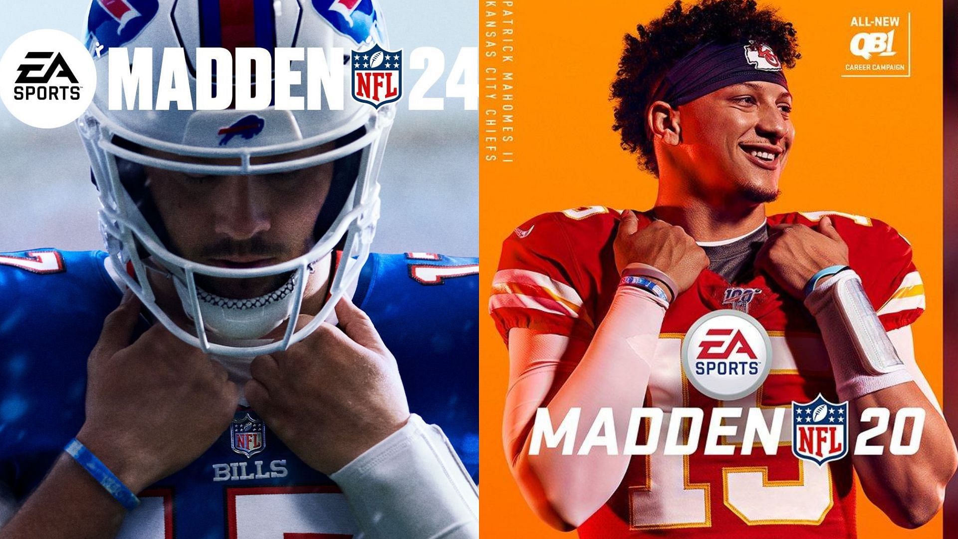 Madden 24 cover featuring Josh Allen and Madden 20 cover featuring Patrick Mahomes. (Image credit: Josh Allen on Twitter, GameStop.com)