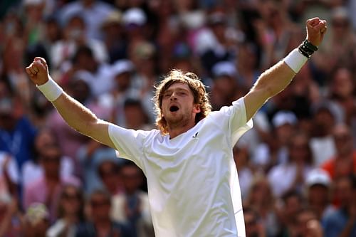 Andrey Rublev celebrates one of his wins at Wimbledon