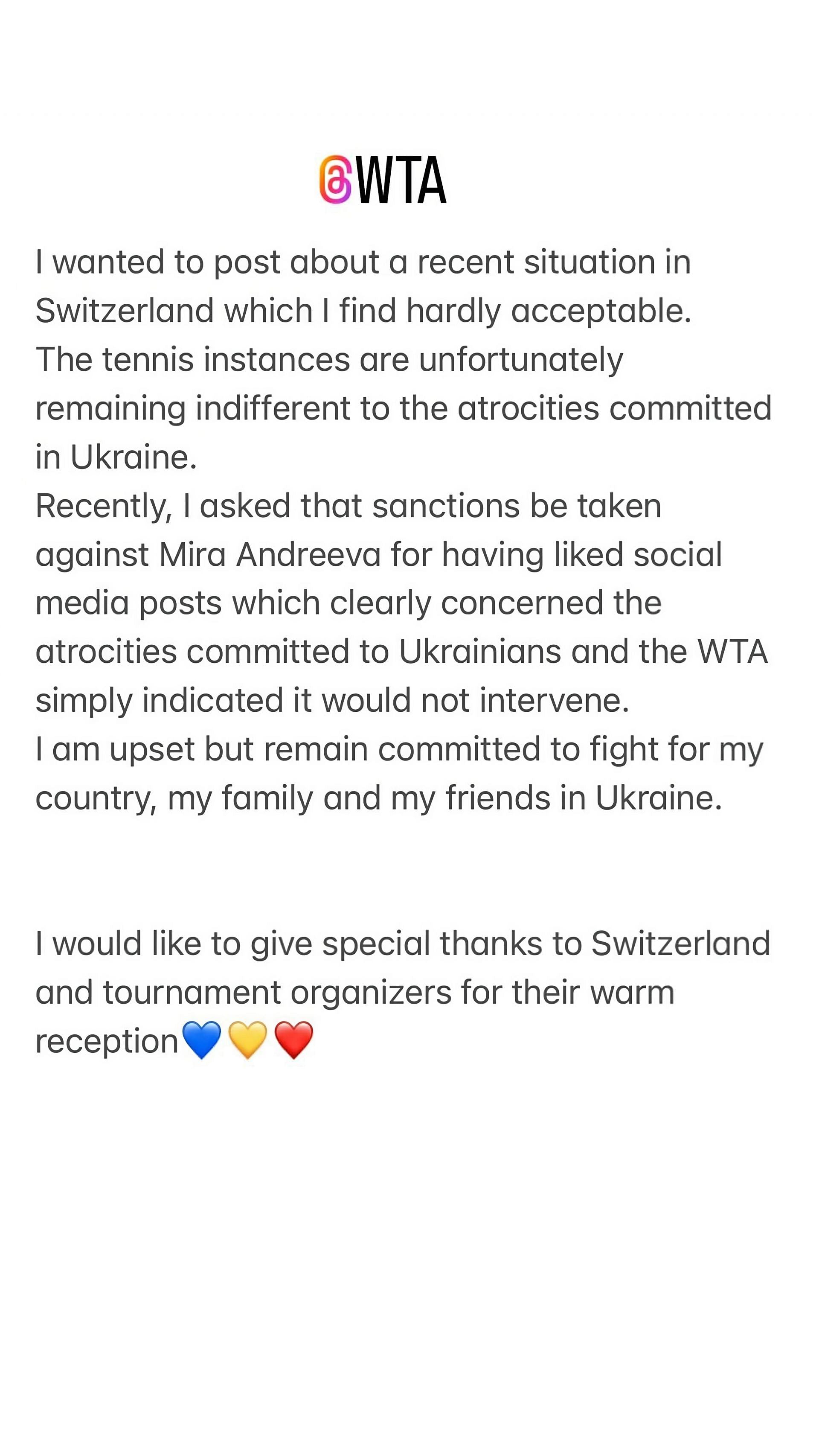 Dayana Yastremska demands action against Mirra Andreeva on Instagram