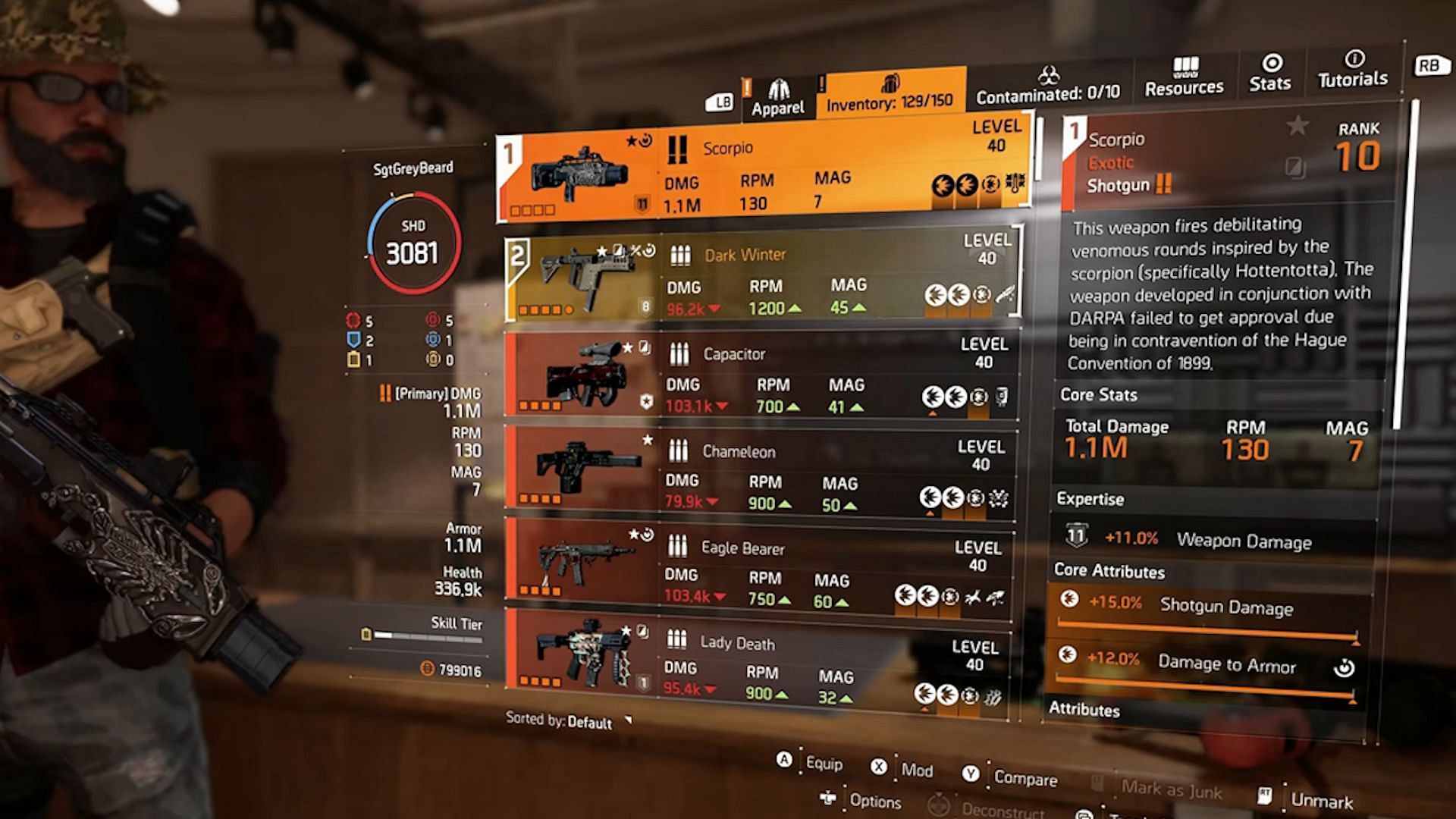 Scorpio stats in The Division 2 (Image via Ubisoft)