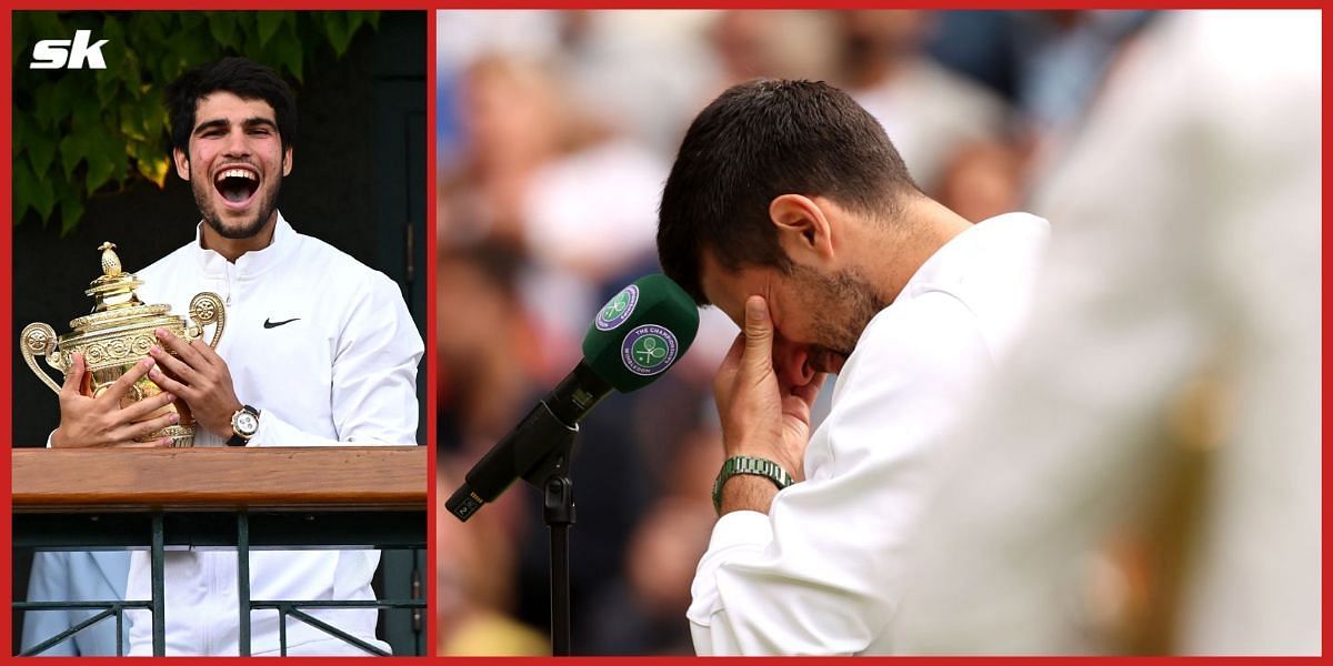 Carlos Alcaraz with the Wimbledon trophy and a dejected Novak Djokovic after losing the final.