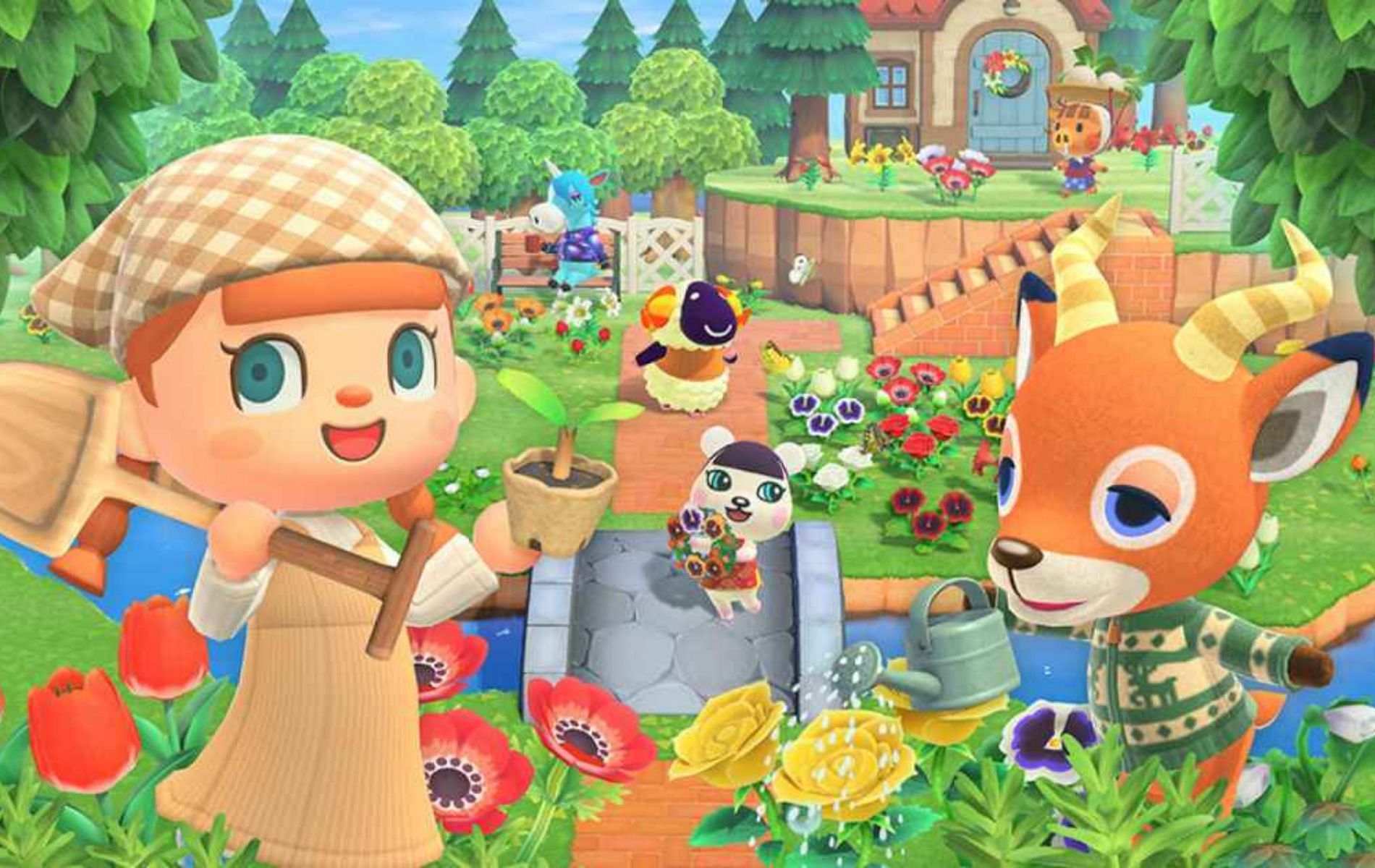 Official promoional art for Animal Crossng New Horizons featuring the protagonist and NPC villager Beau in foreground