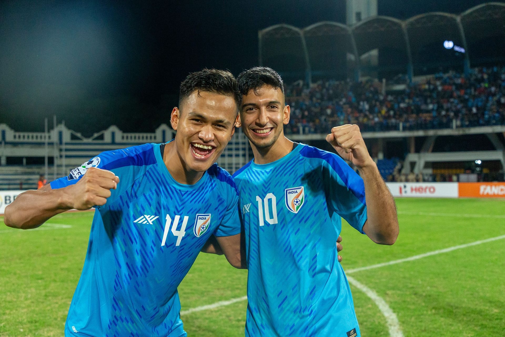 Indian midfielder Jeakson Singh (left) with forward Sahal Abdul Samad. [Credits: AIFF]
