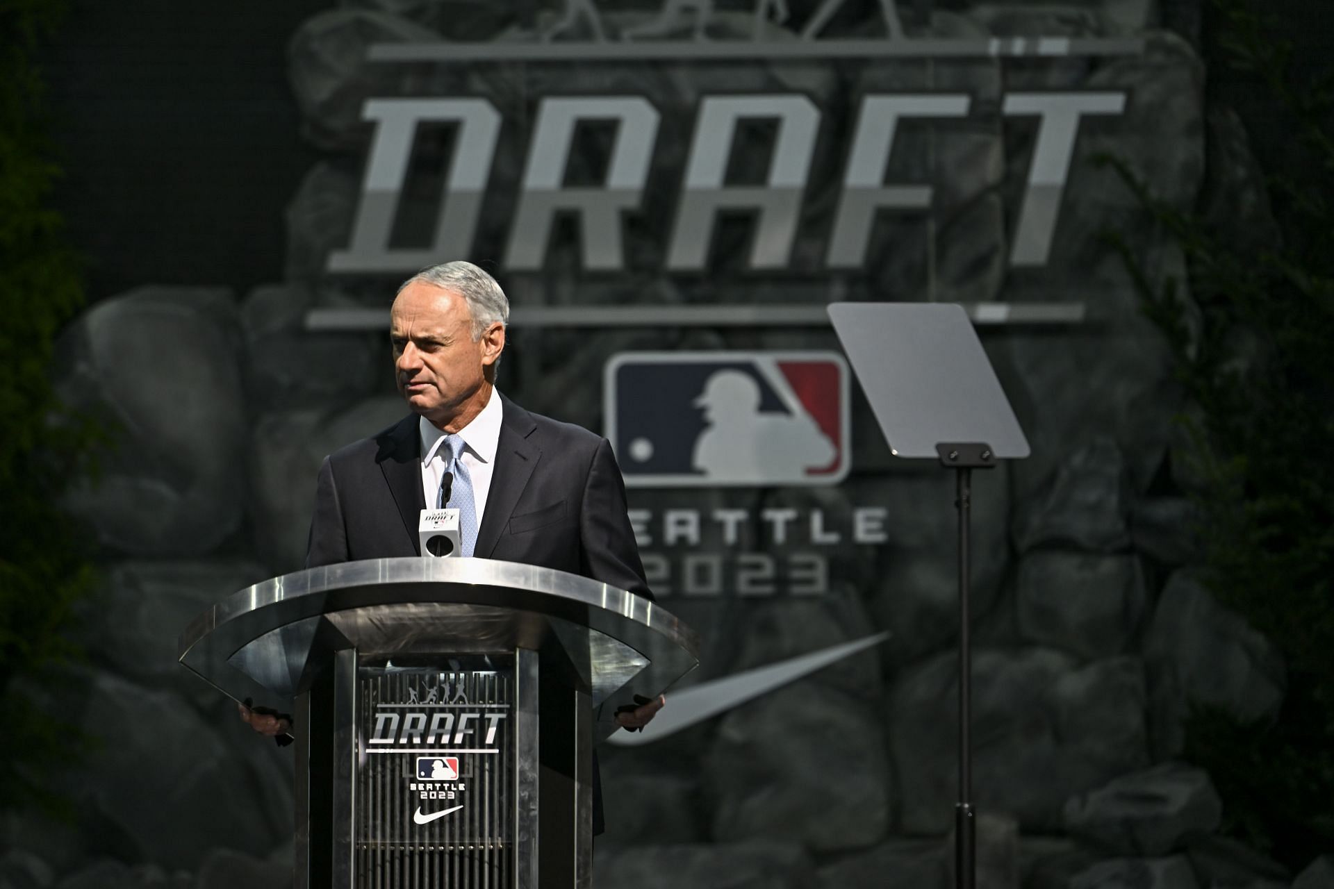 MLB Commissioner, Rob Manfred, stands on stage during the 2023 MLB Draft at Lumen Field on July 09, 2023 in Seattle, Washington.