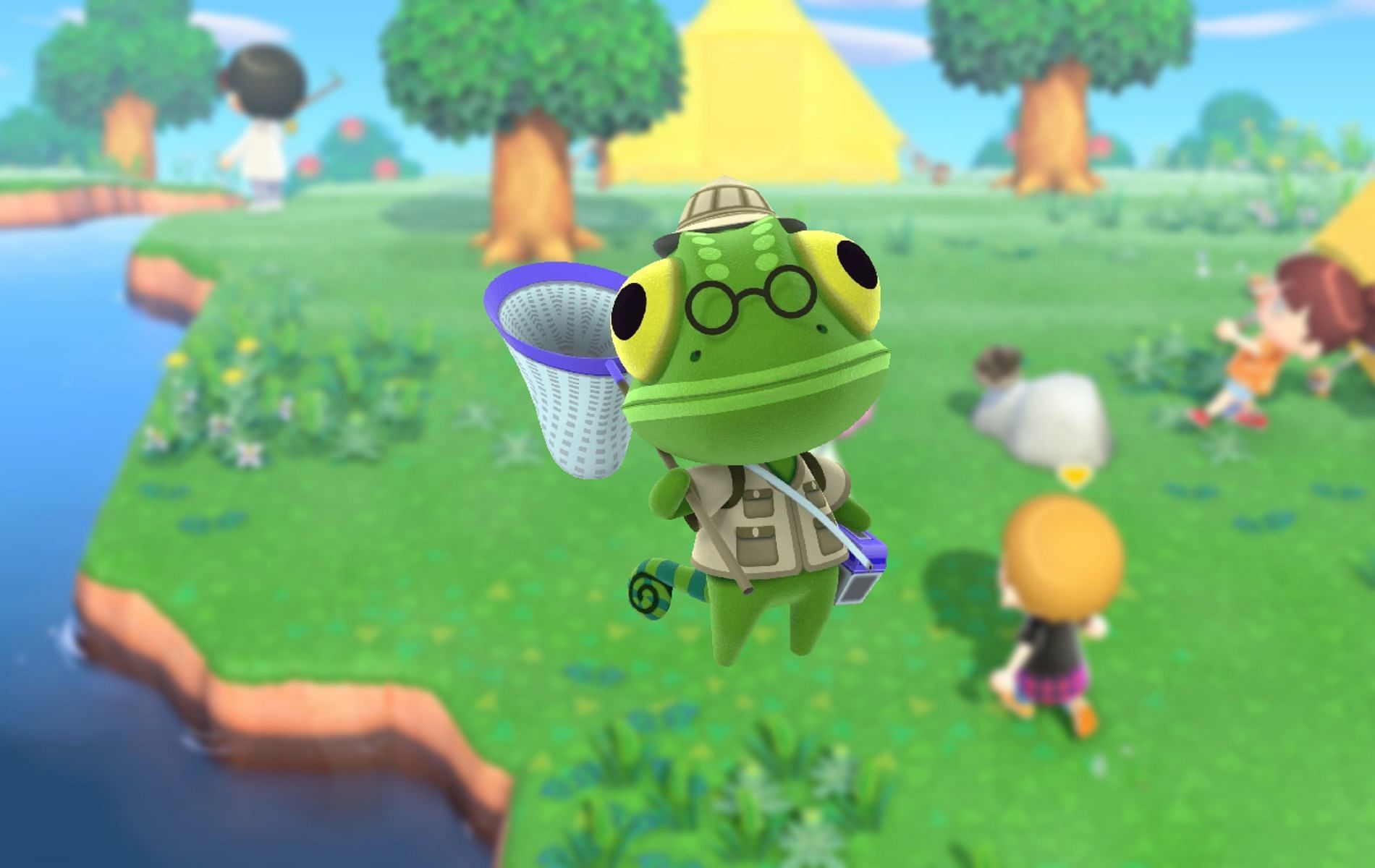 Animal Crossing New Horizons screenshot with chameleon NPC Nat in foreground