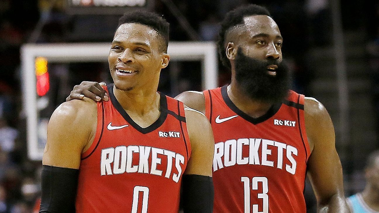 Russell Westbrook and James Harden playing for the Houston Rockets
