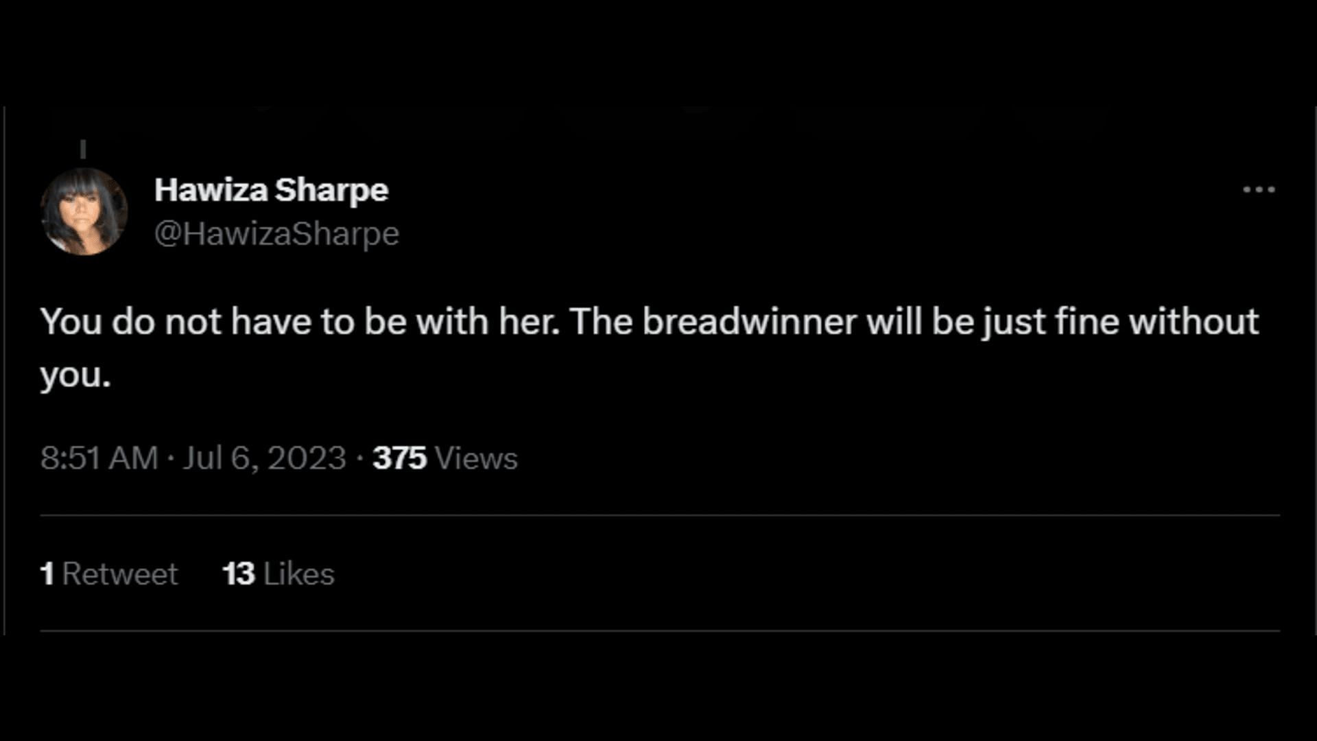 A tweet telling Jackson not to be with Keke Palmer and justifying it by calling her the breadwinner in the relationship. (Image via Twitter/Hawiza Sharpe)
