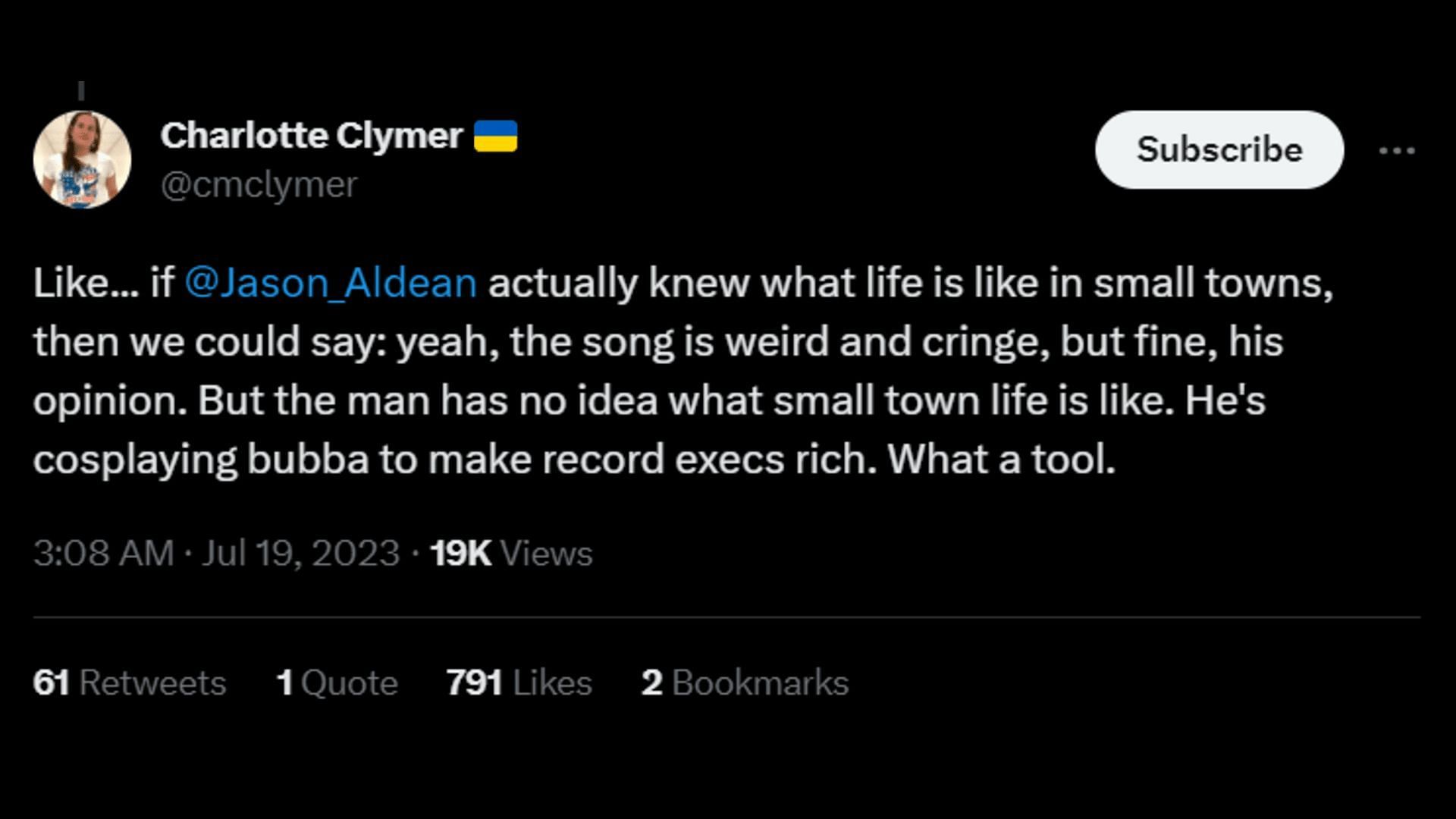 A netizen trolling Aldean for not knowing how life is in the small-town USA. (Image via Twitter/Charlotte Clymer)