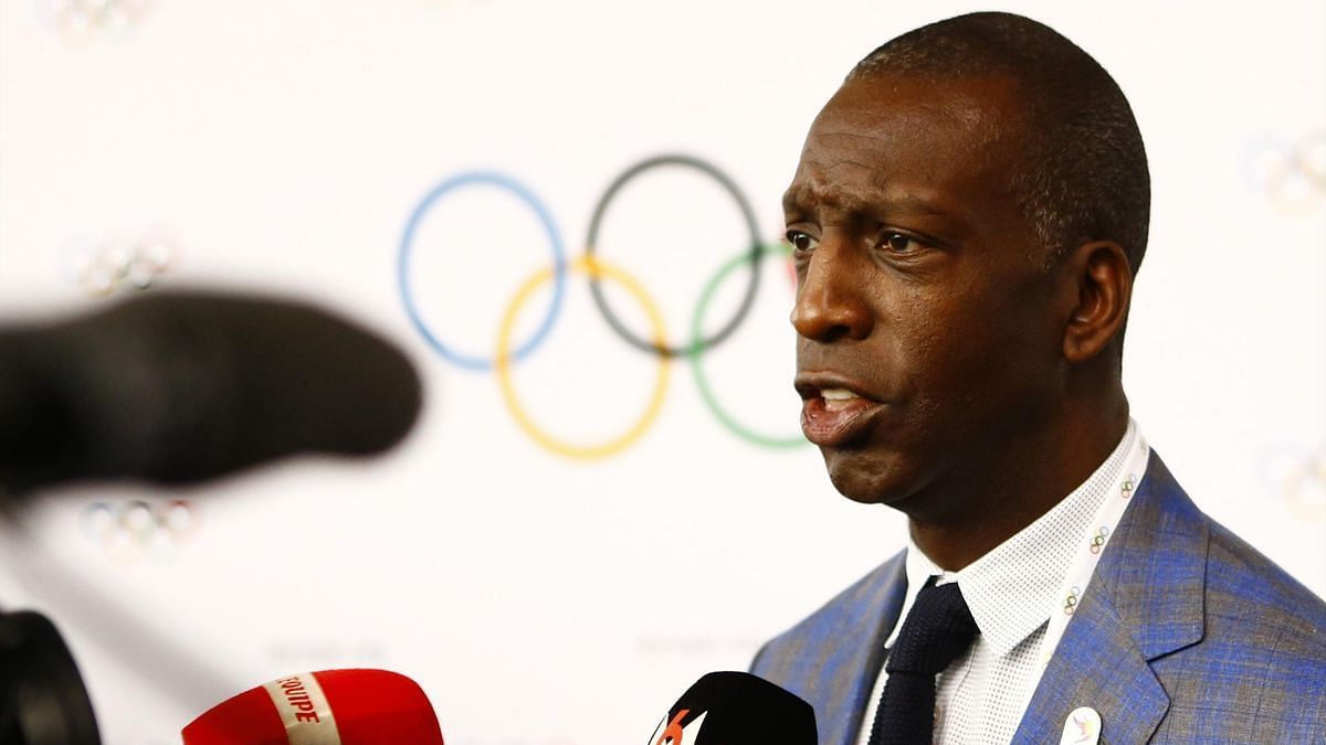 Michael Johnson at an Olympic Press Conference