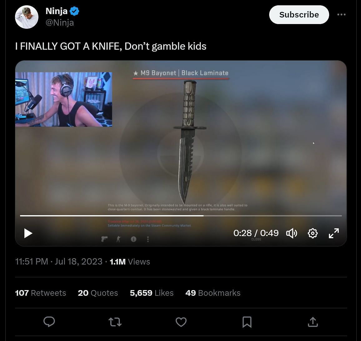 The Twitch streamer&#039;s tweet in which he got his first knife in CS: GO (Image via Twitter)