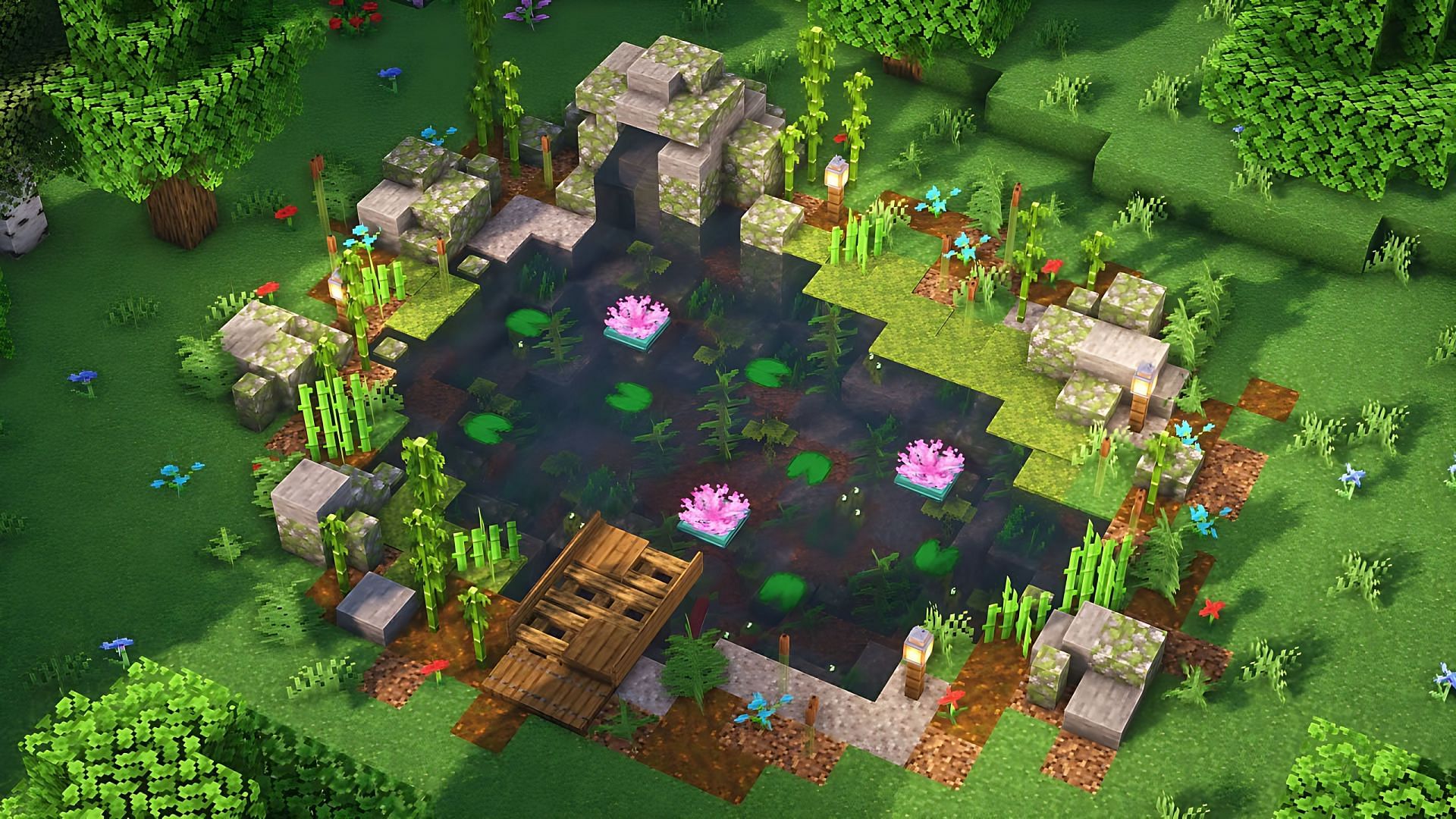 Ponds are easy Minecraft builds (Image via Youtube/Goldrobin)