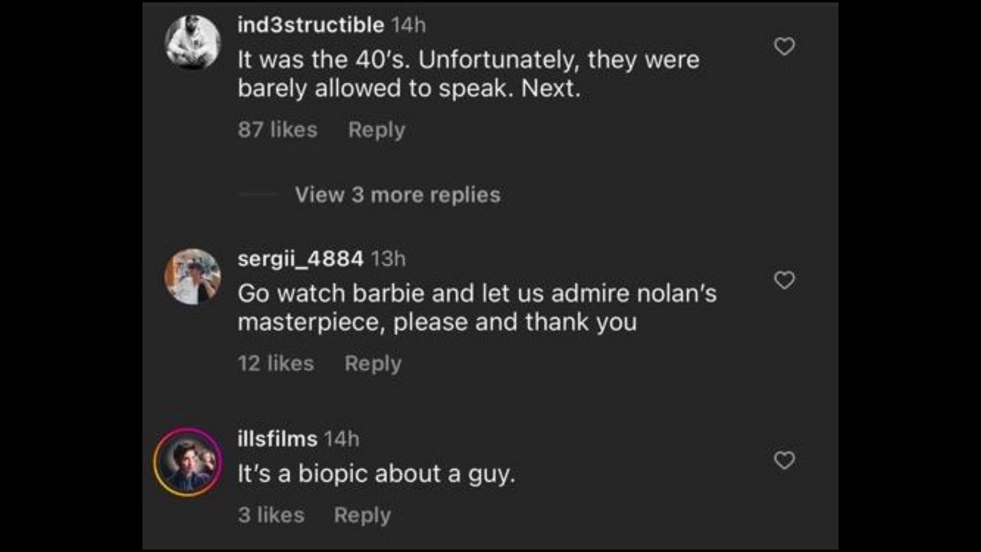 Screenshot of Internet users remarking on Roth&#039;s remarks on Christopher Nolan&#039;s new film. (Photo via @pubitylatest/Instagram)