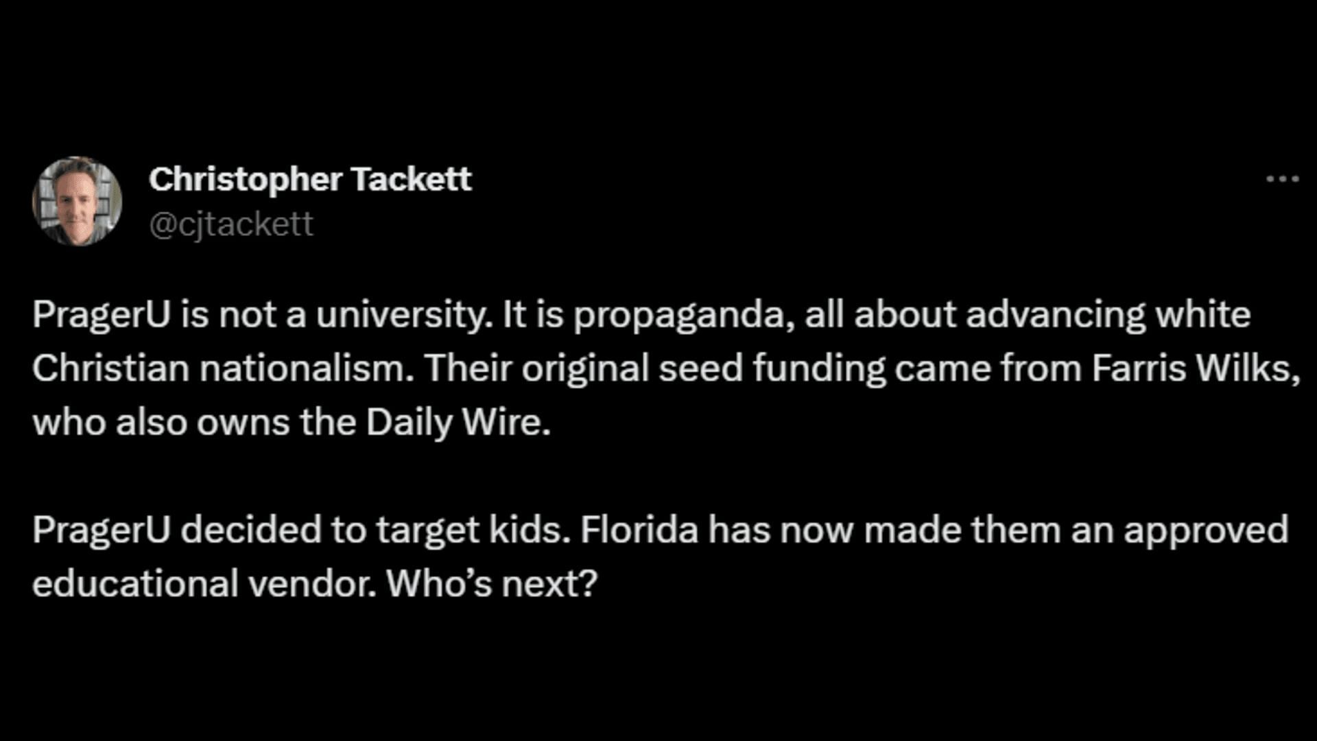 A netizen asks which state is next in following Florida&#039;s conservative ideologies. (Image via Twitter/Christopher Tackett)