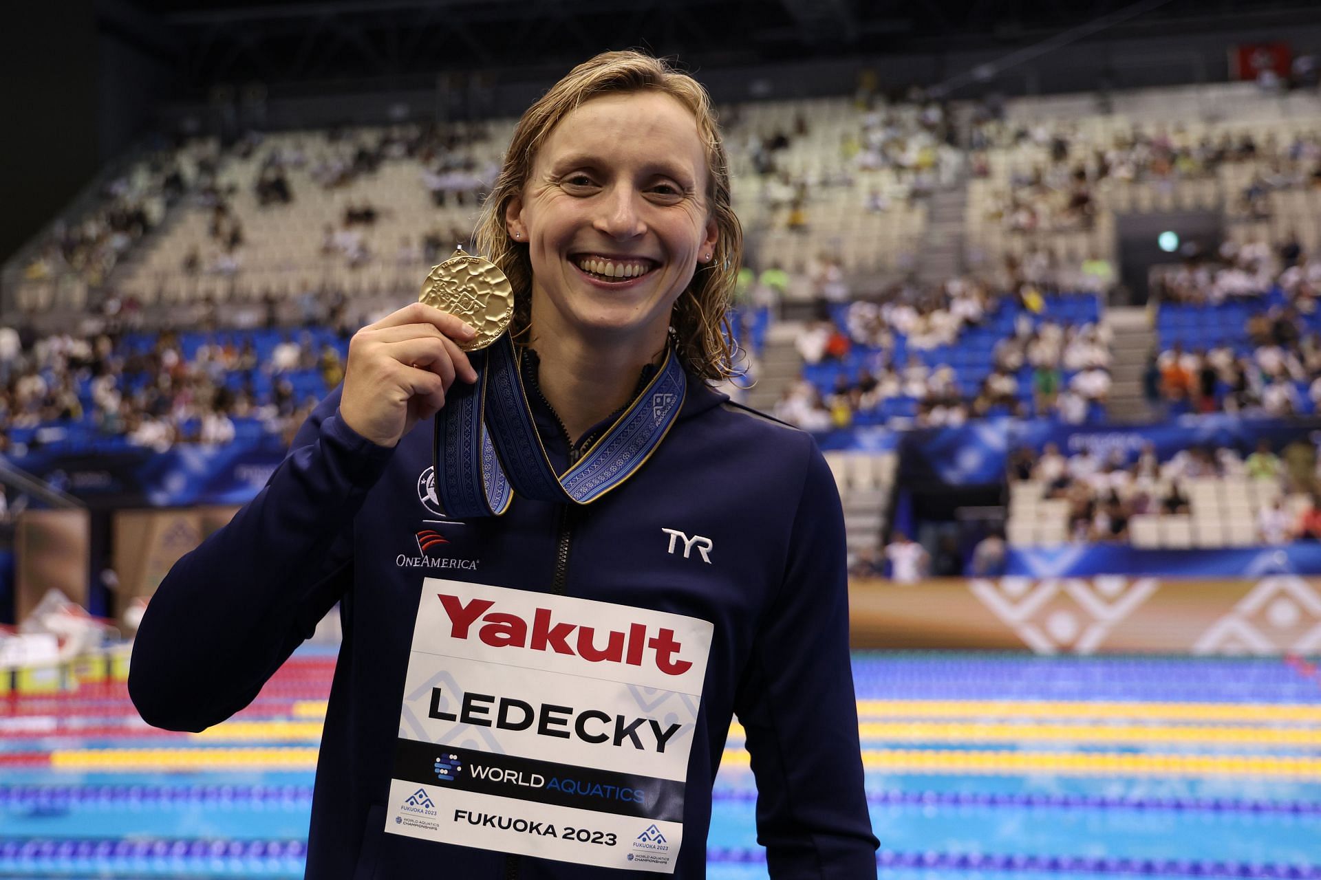 Katie Ledecky poses with the gold medal at the medal ceremony for women's 800m freestyle at the 2023 World Aquatics Championship held in Marine Messe at Fukuoka, Japan