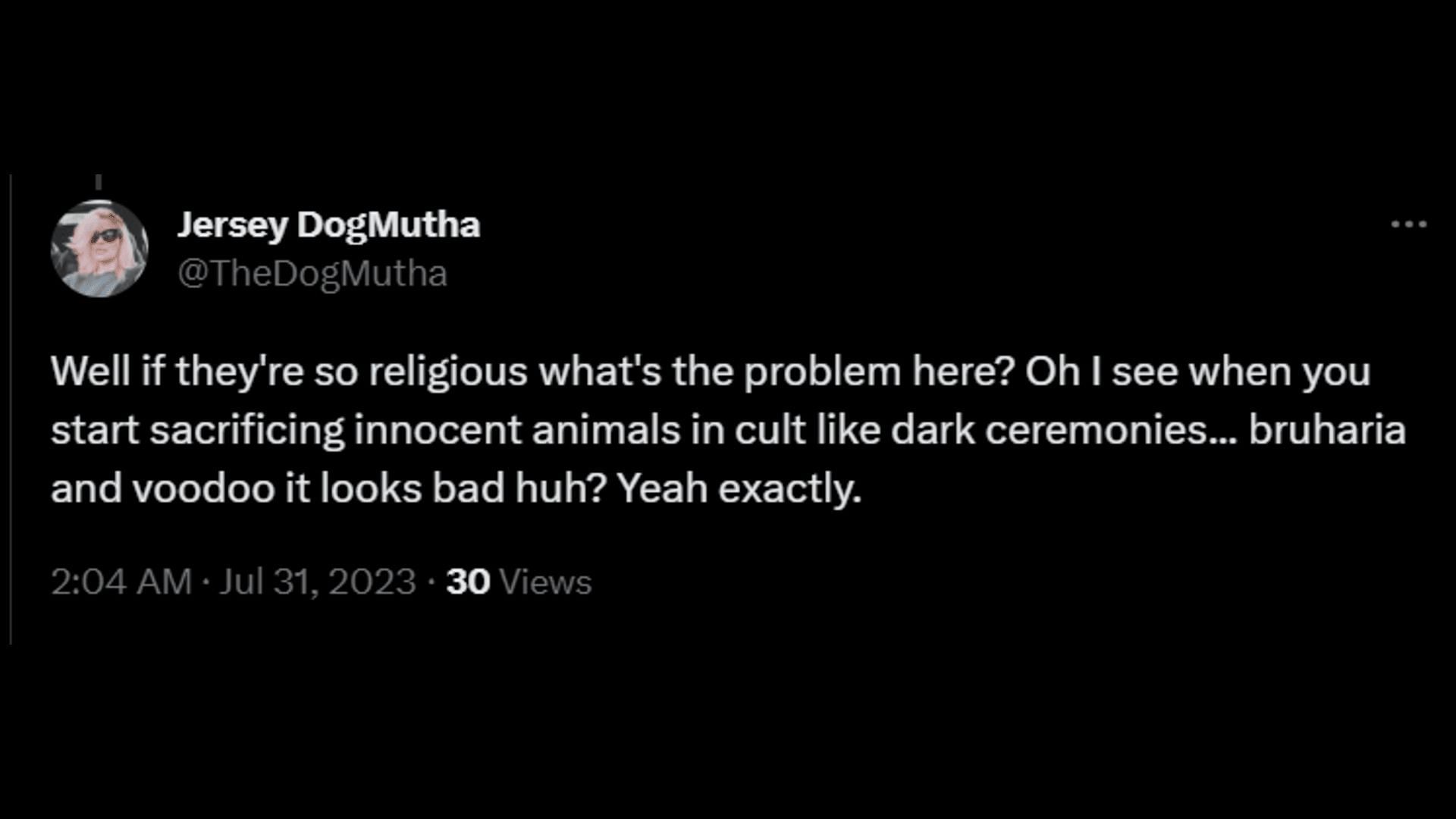 A netizen points out how voodoo rituals may be problematic. (Image via Twitter/Jersey DogMutha)