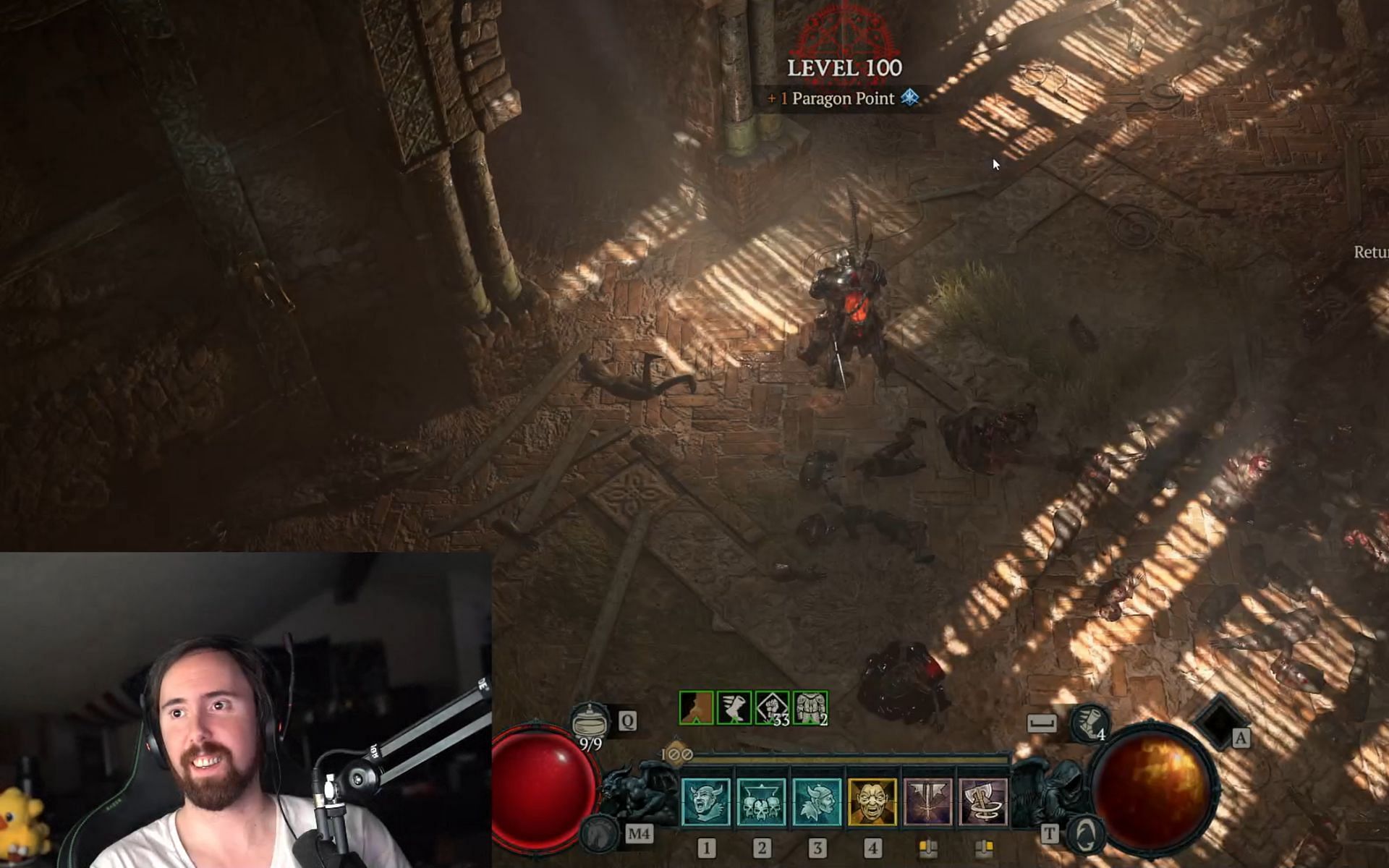 Asmongold hit level 100 in Diablo 4 during a livestream on July 3, 2023 (Image via Asmongold/Twitch)