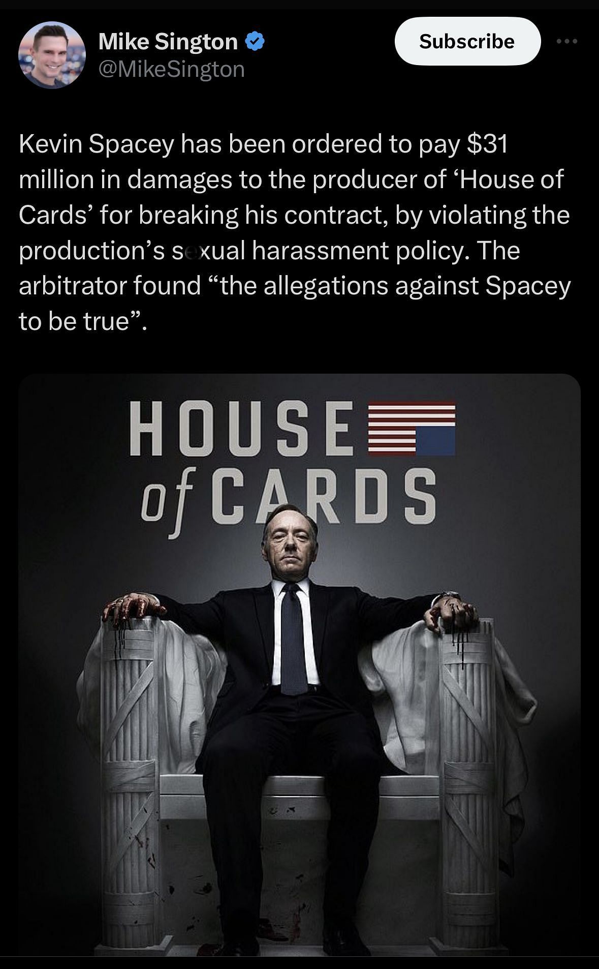 Kevin Spacey&#039;s House of Cards scandal. (Images via Twitter/@MikeSington)
