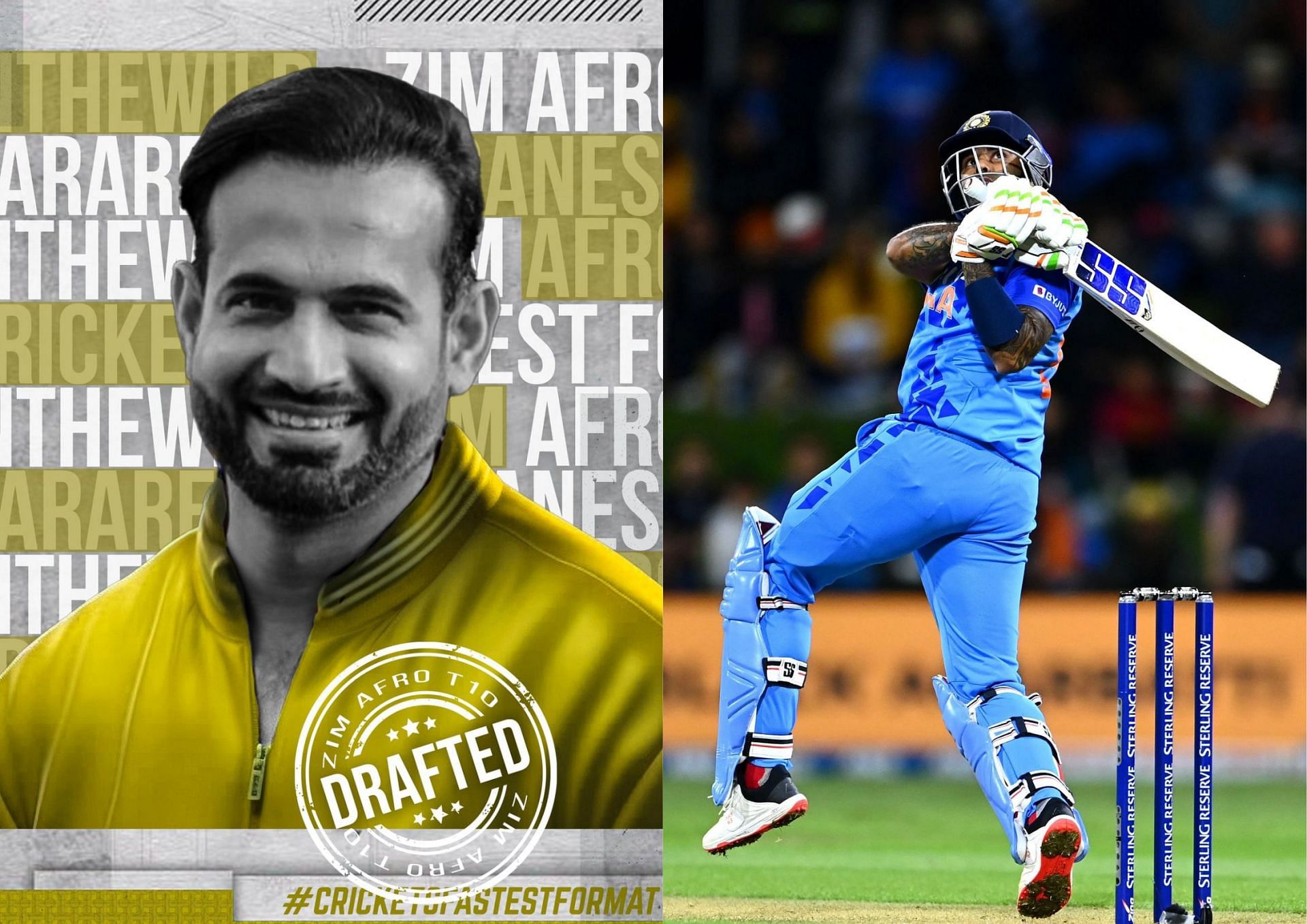 Irfan Pathan was signed up to play in the Zim-Afro T10 League. Suryakumar Yadav (R) would make a great fit himself in a Utopian world (Picture Credits: Twitter/ZimAfroT10; Getty).