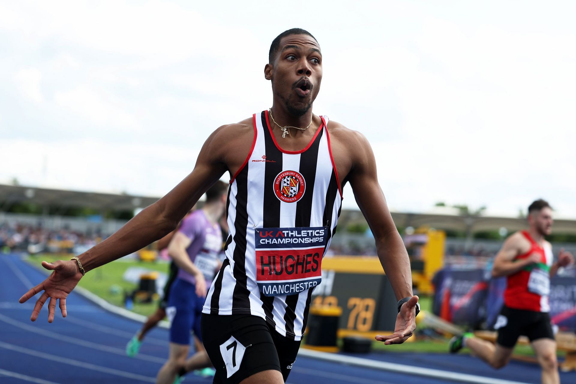 Zharnel Hughes winning the 200m at UK Athletics Championships