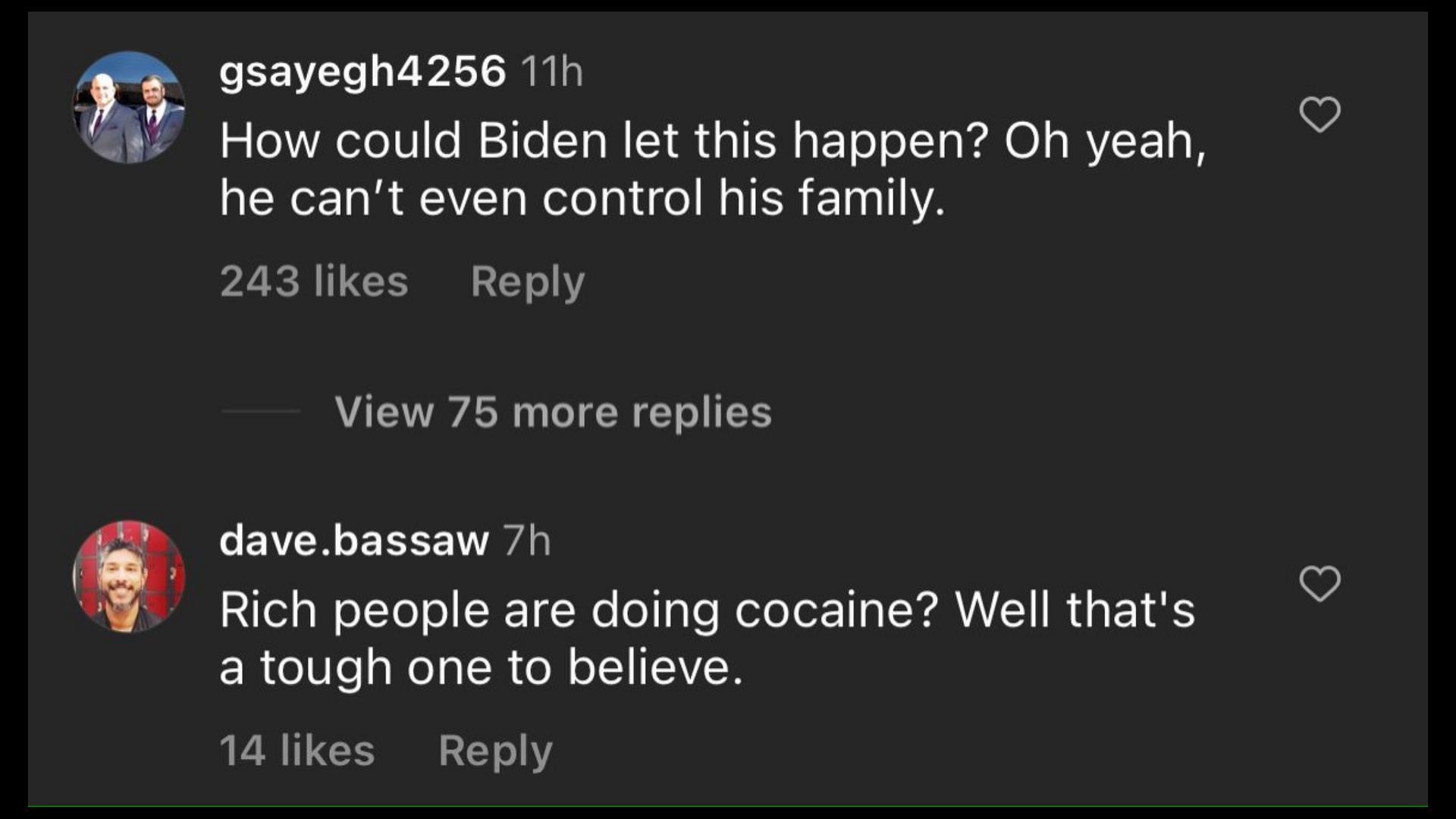 Screenshot of Internet users remarking on cocaine being found in the official residence of the President. (Photo via @Pubity/Instagram)