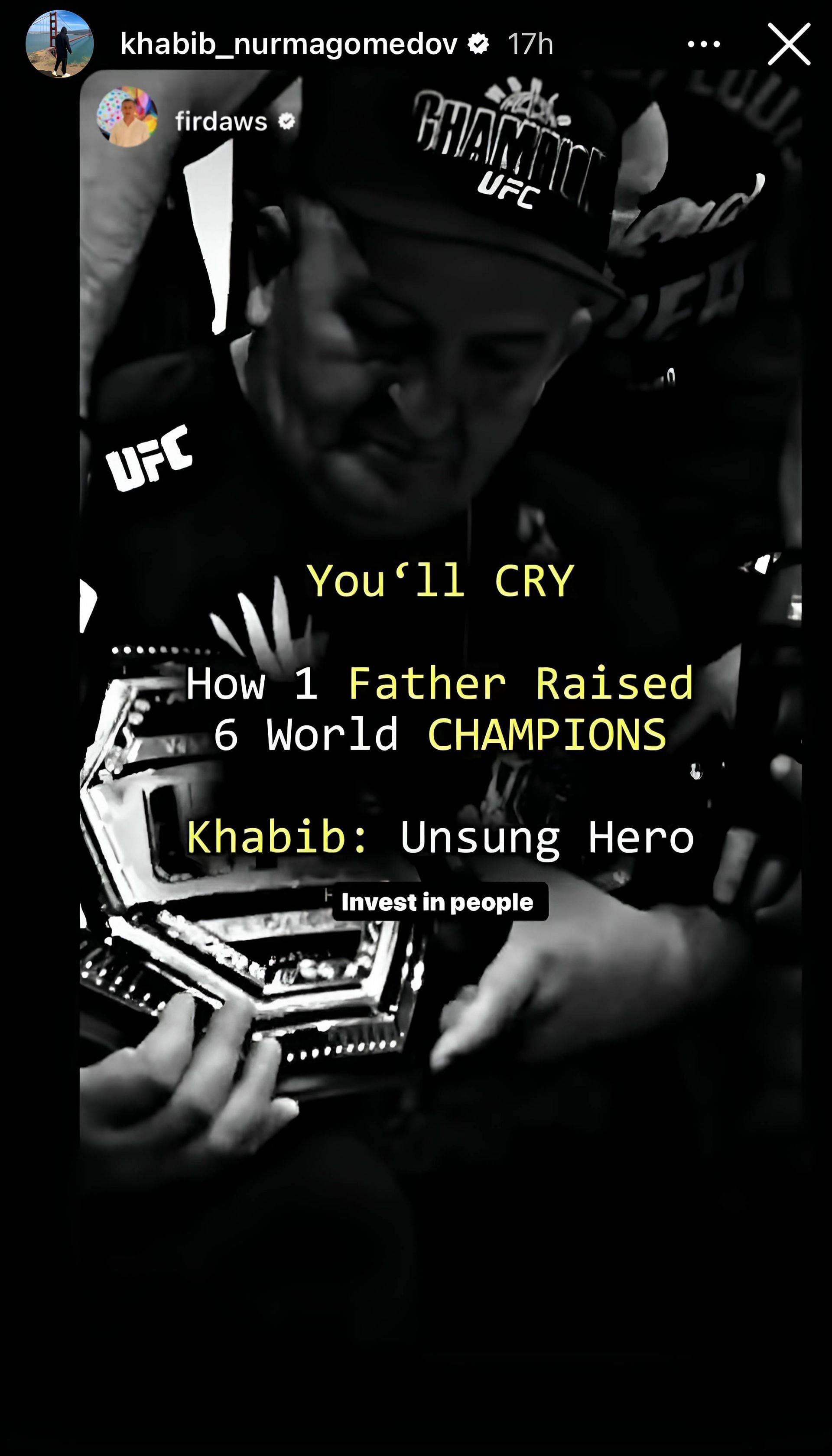 A screenshot of Khabib Nurmagomedov&#039;s tribute to his father on his Instagram story