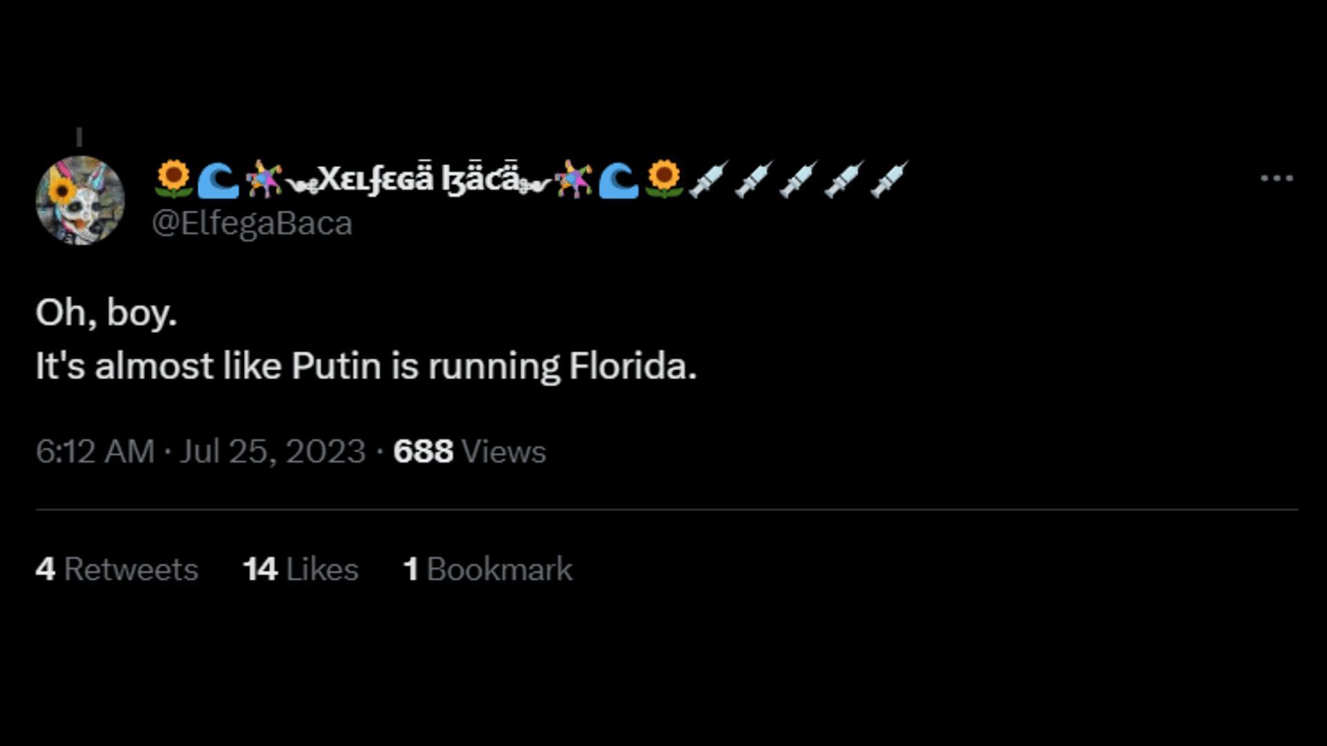A netizen trolls saying it&#039;s as if the Russian President rules over Florida. (Image via Twitter/ElfegaBaca)