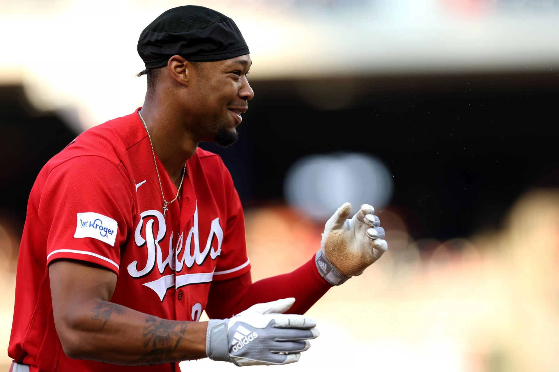 Will Benson #30 of the Cincinnati Reds reacts to the dugout