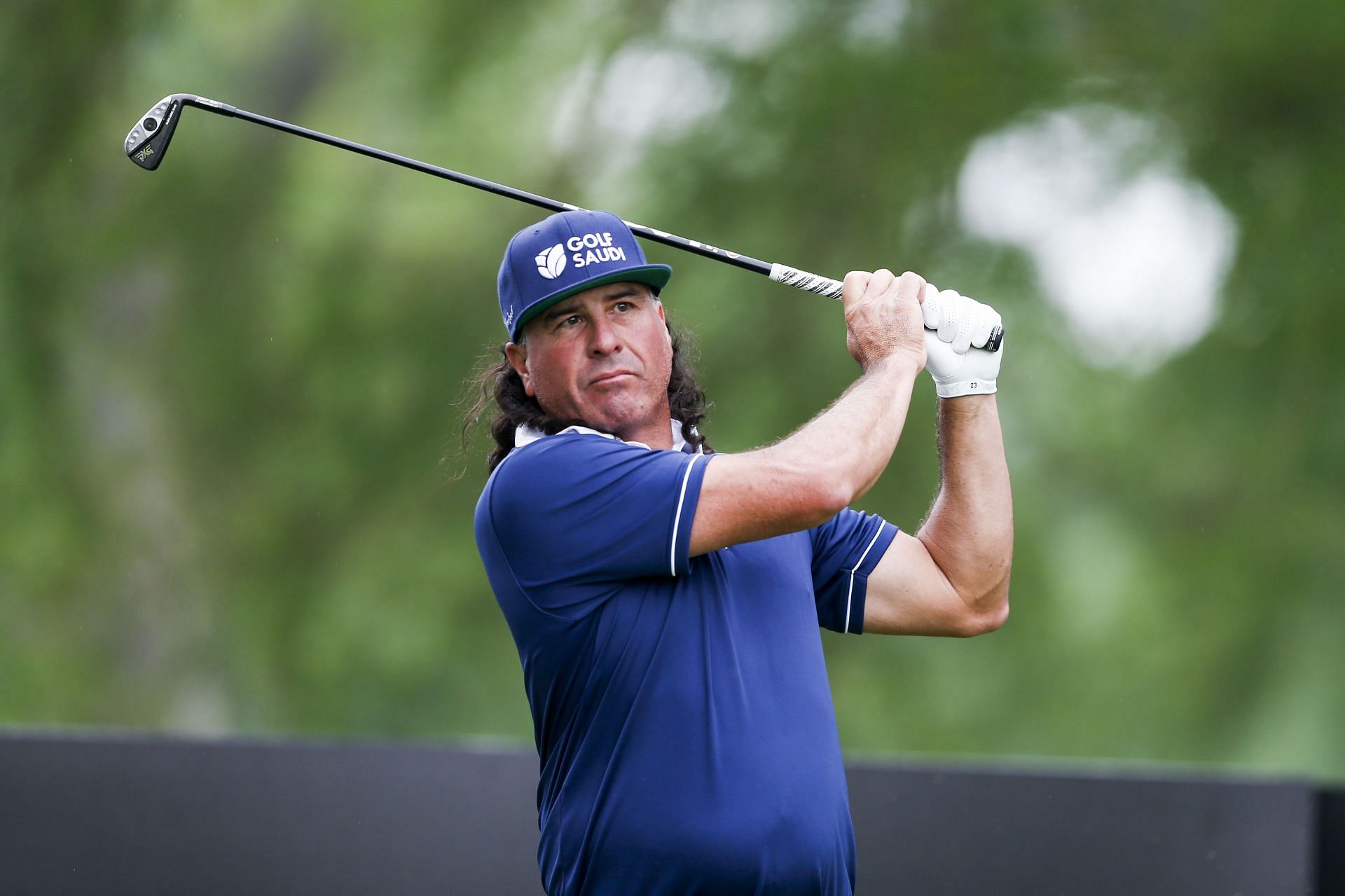 Pat Perez drives during the LIV Golf Tulsa event