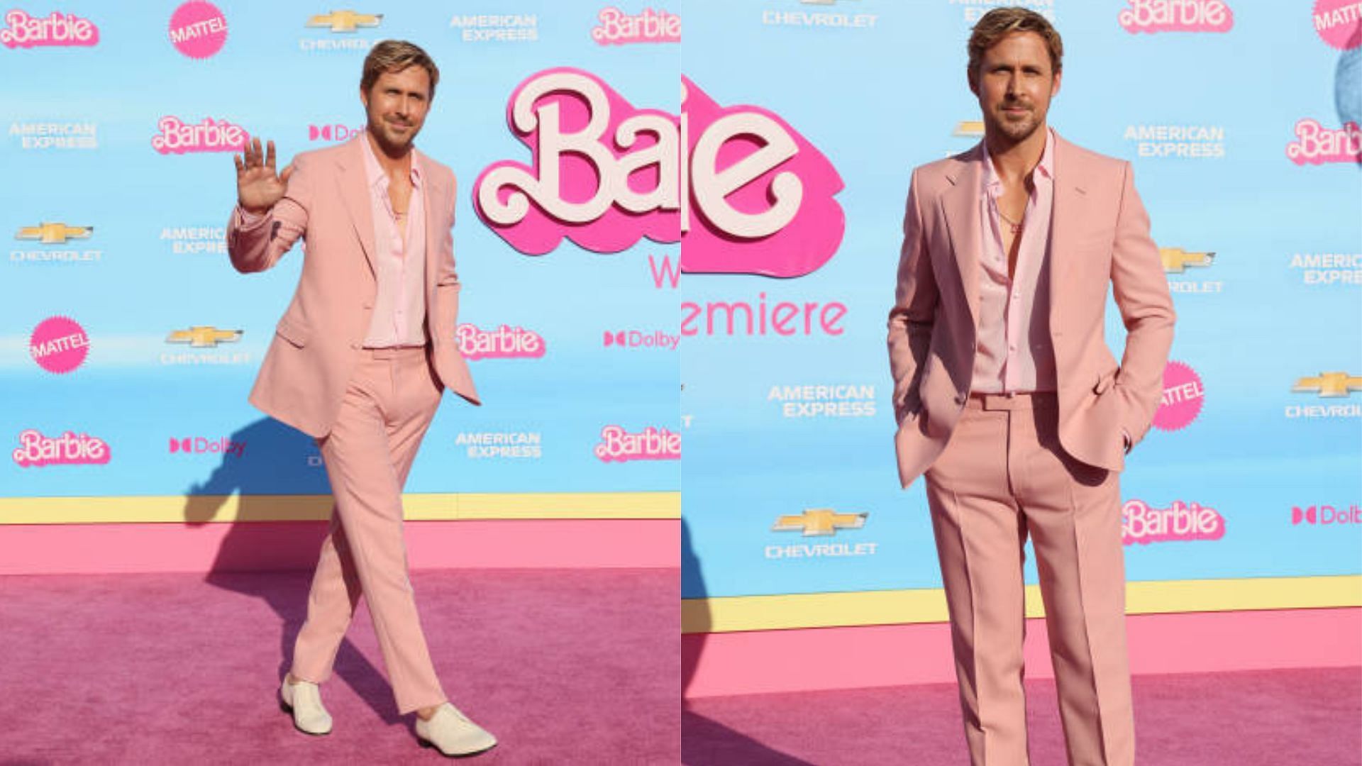 Simu Liu stands out in light blue Versace suit at 'Barbie' premiere