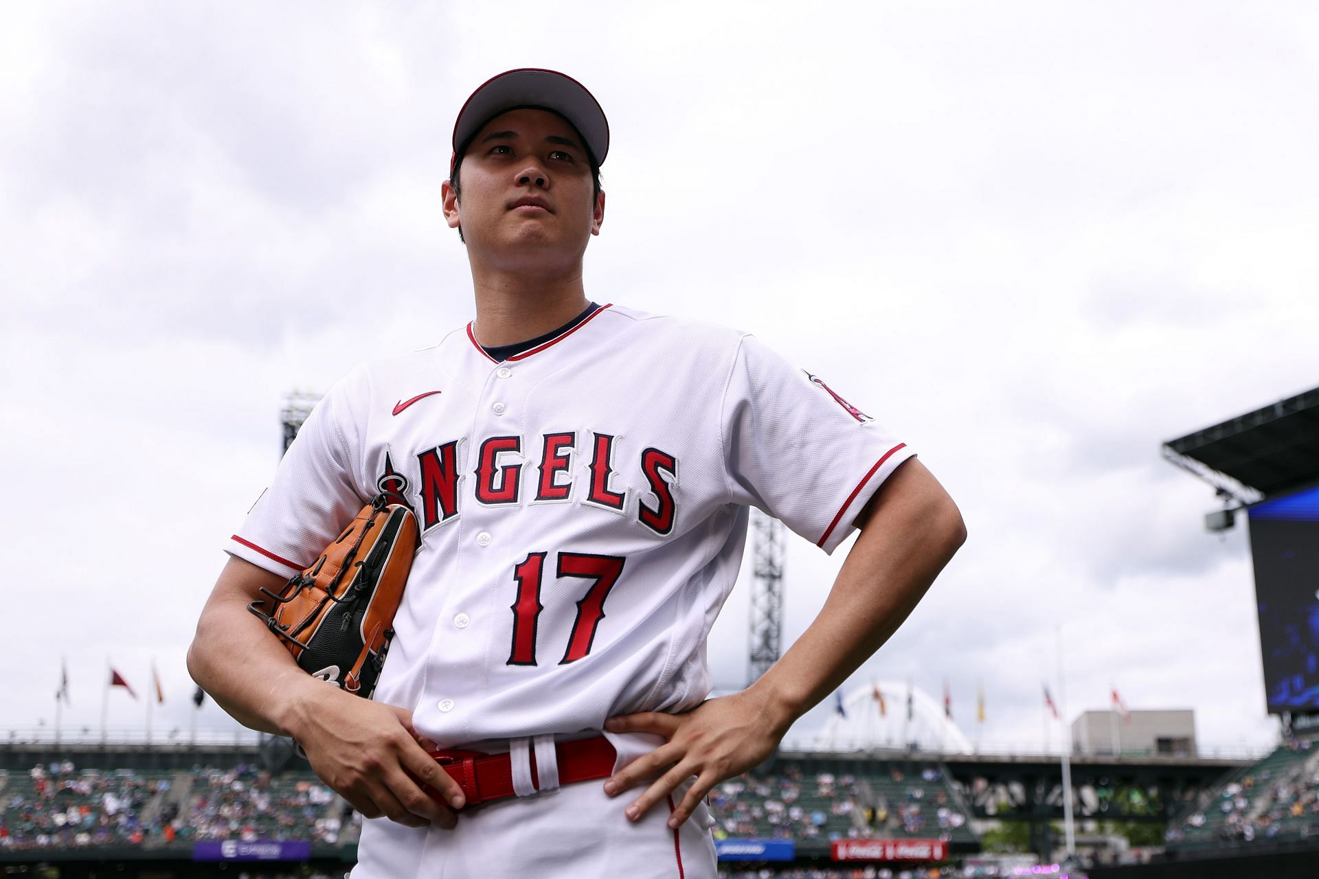 Shohei Ohtani of the Los Angeles Angels looks on during Gatorade All-Star Workout Day at T-Mobile Park