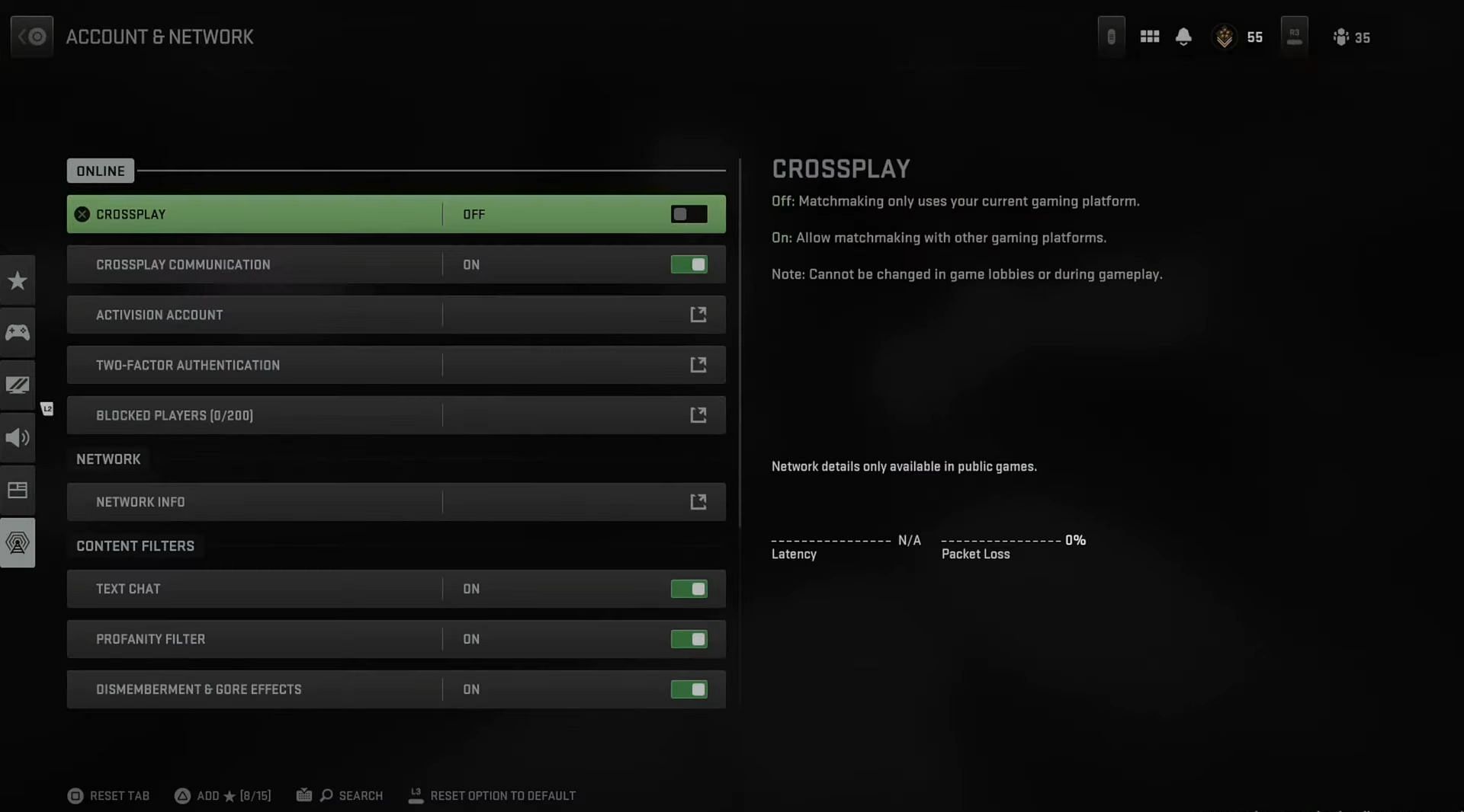 Turning off crossplay on PlayStation consoles (Image via Activision)