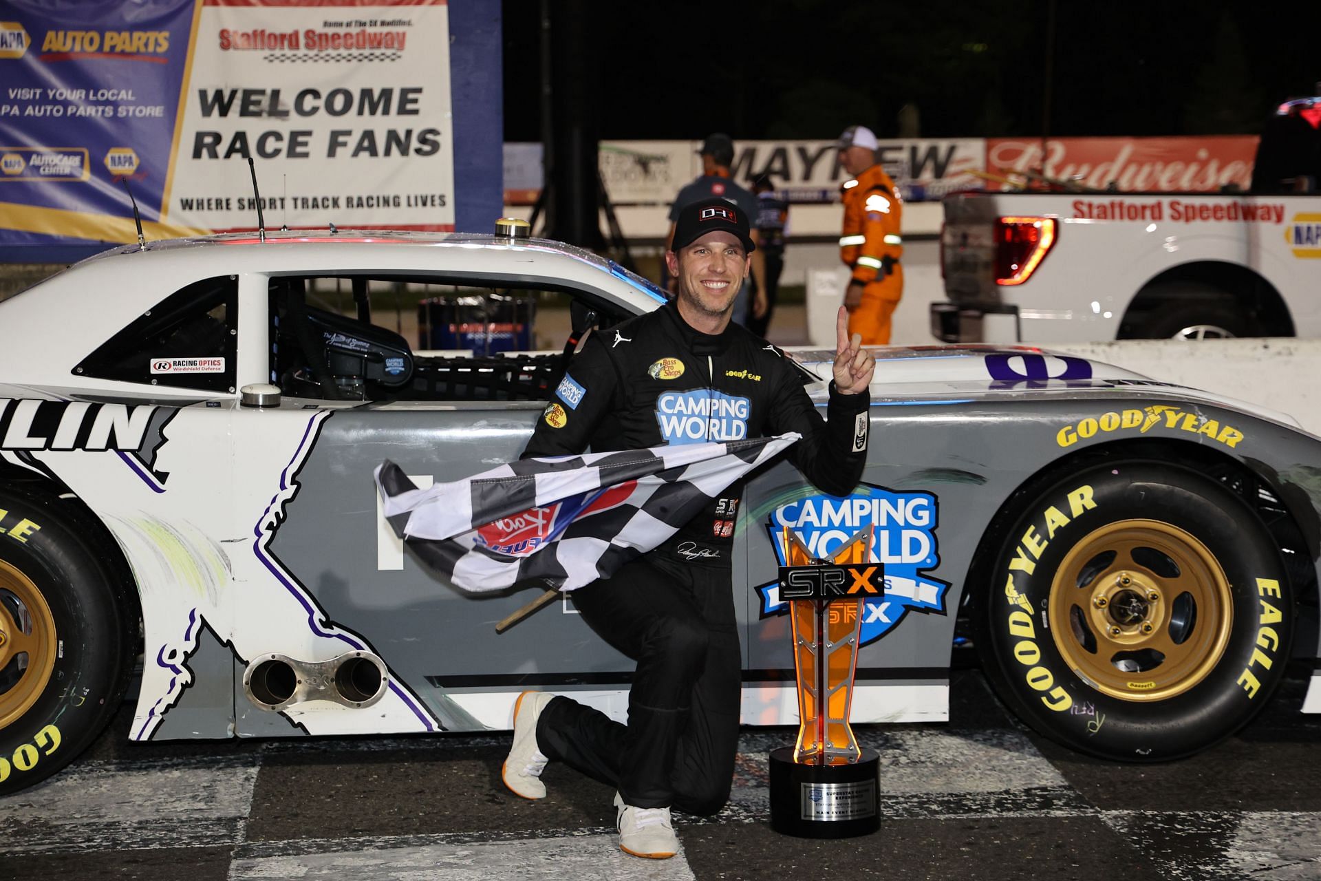 Denny Hamlin after winning the Superstar Racing Experience feature race at Stafford Motor Speedway. Picture Credits: Staffordmotorspeedway.com