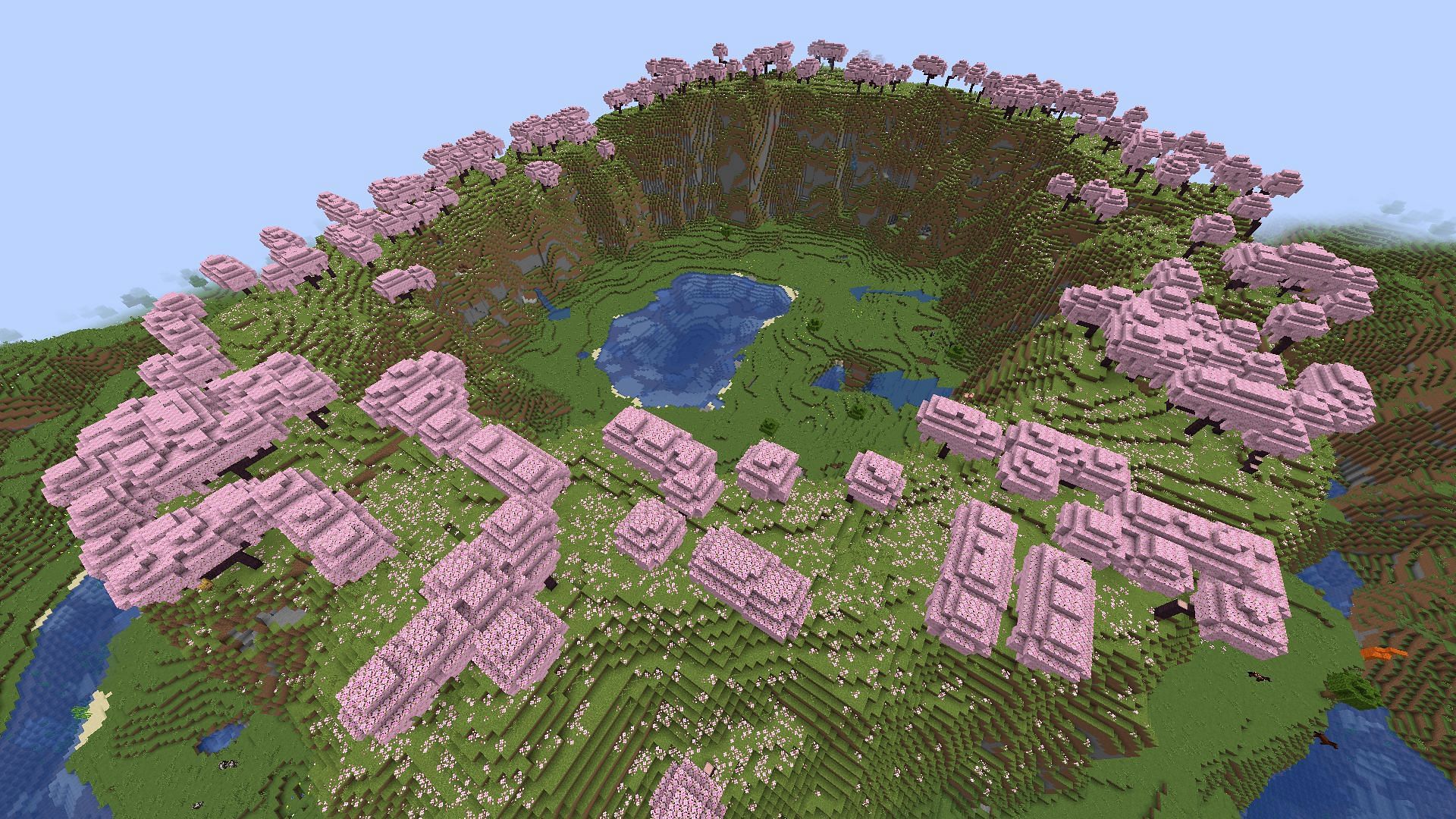 Cherry Grove biome completely surrounds a plains area with a lake in Minecraft 1.20.1 (Image via Mojang)
