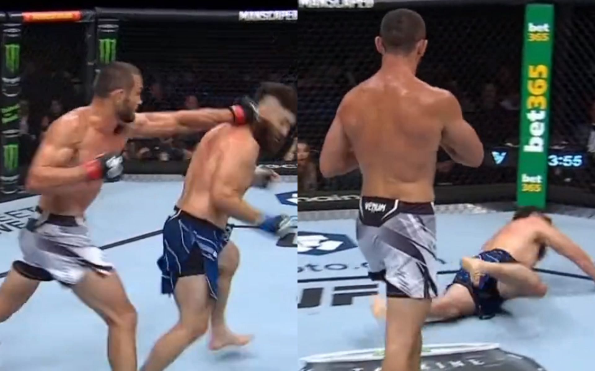 Makhmud Muradov punching Bryan Barberena (left), Bryan Barbarena lying on the floor (right) [Image source: @SpinninBackfist on Twitter]