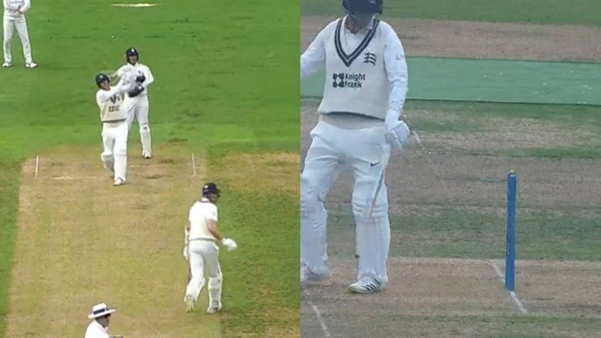 Toby Roland-Jones lost his wicket in a bizarre manner (Image: Twitter)