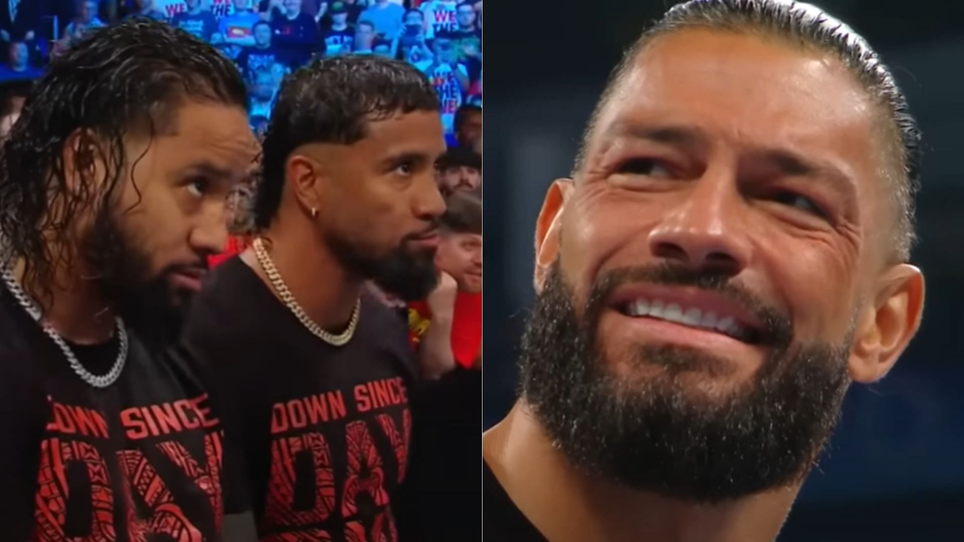 Jimmy and Jey Uso (left); Roman Reigns (right)