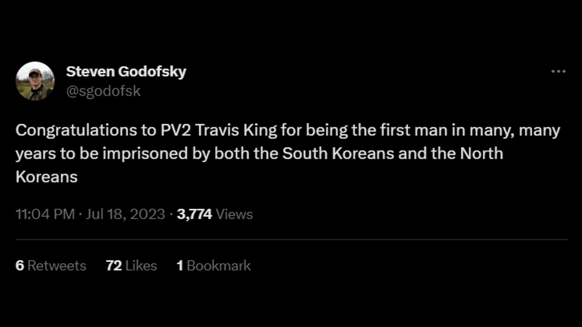 A netizen sarcastically remarks on the Travis King incident. (Image via Twitter/Steven Godofsky)