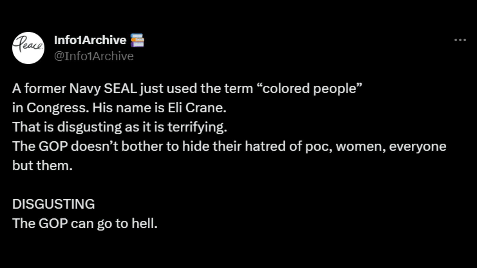 A tweet saying how Crane&#039;s racist remark was both disgusting and terrifying. (Image via Twitter/Info1Archive)