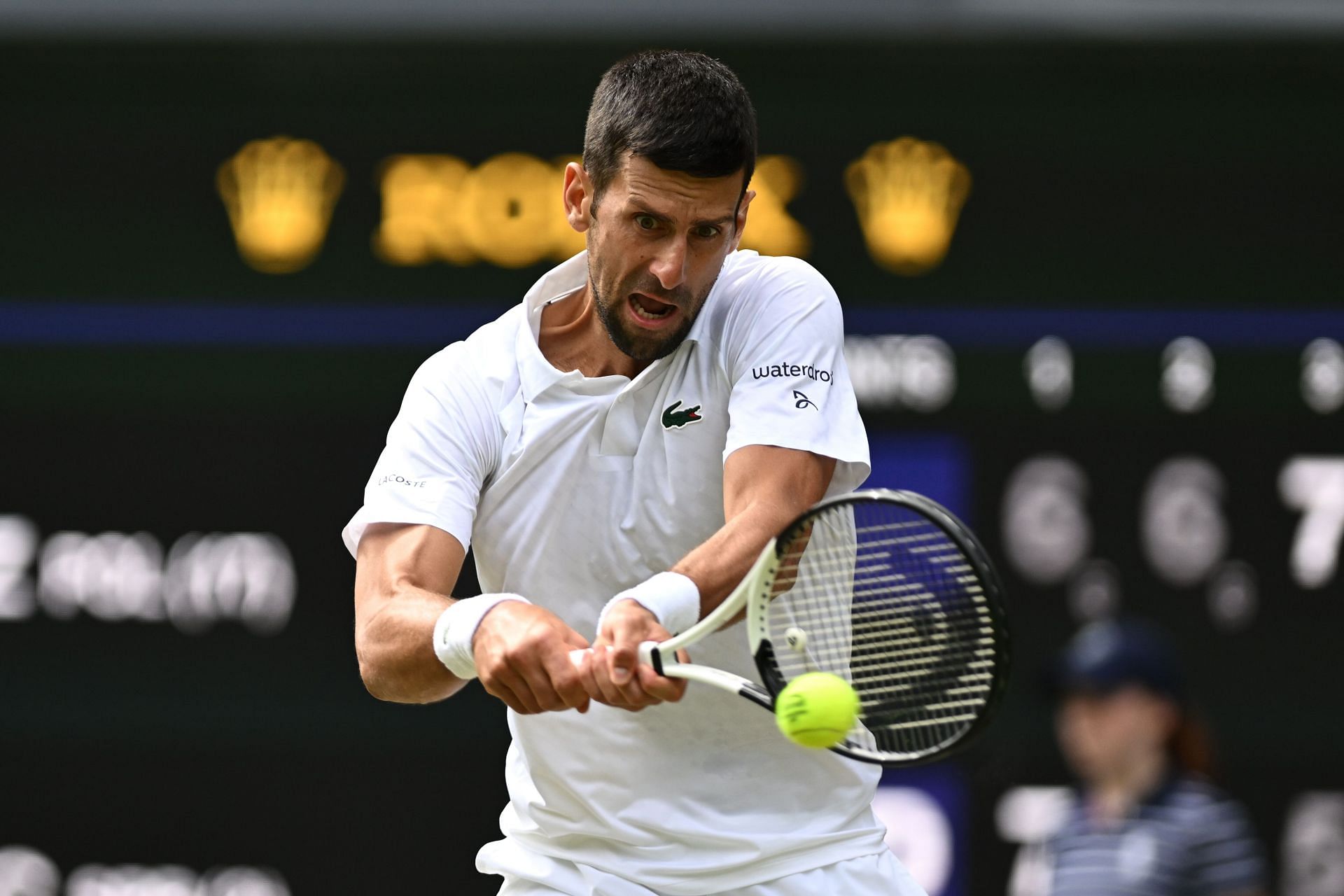 Novak Djokovic in action against Hubert Hurkacz at Wimbledon 2023.