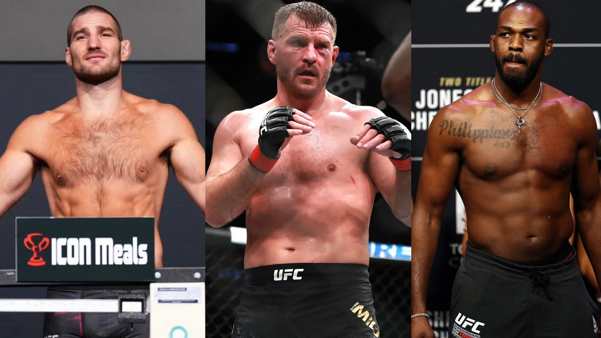 Sean Strickland (left), Stipe Miocic (centre), Jon Jones (right)