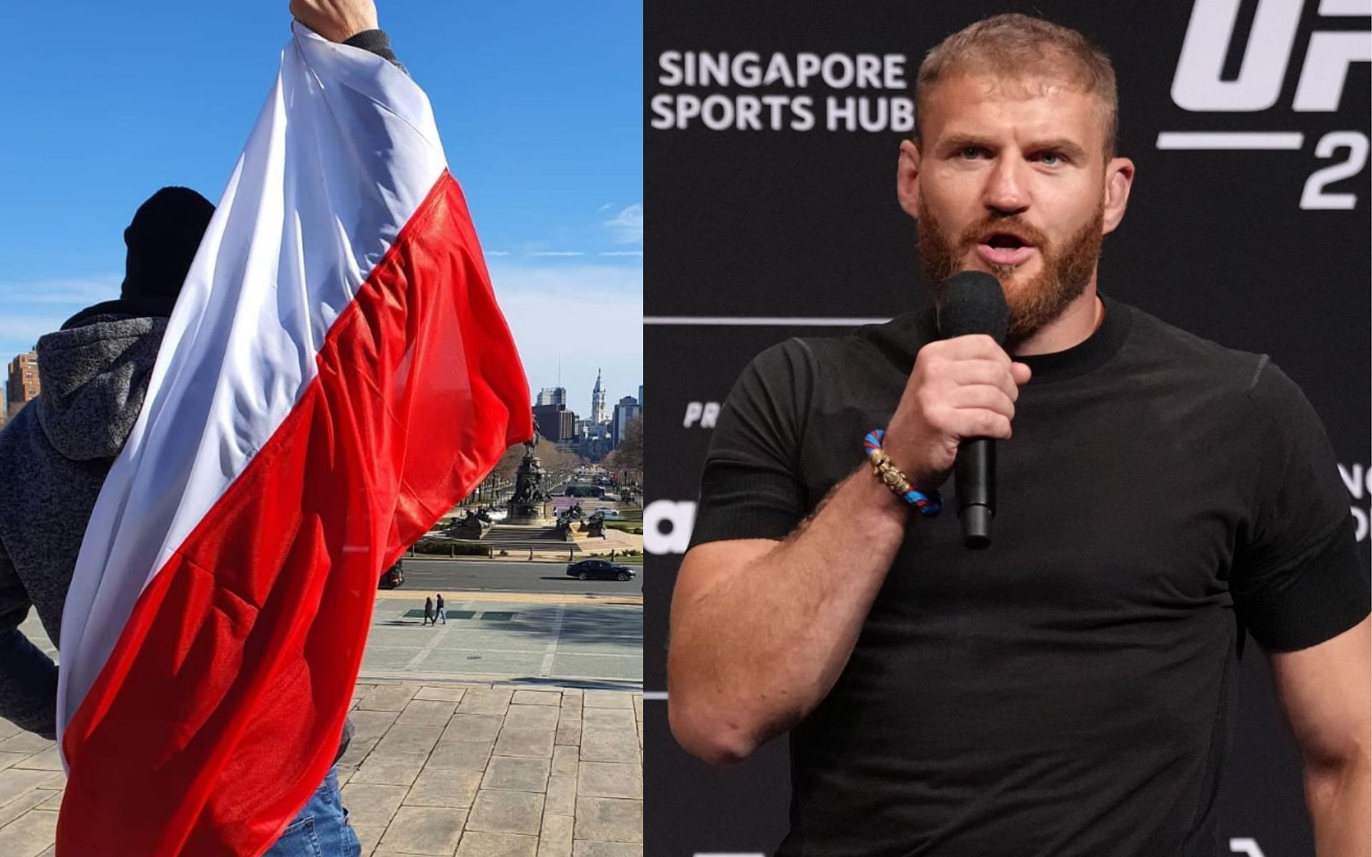 Jan Blachowicz with Polish flag (left) and Blachowicz at UFC media event (right) [Images Courtesy: @janblachowicz on Instagram]