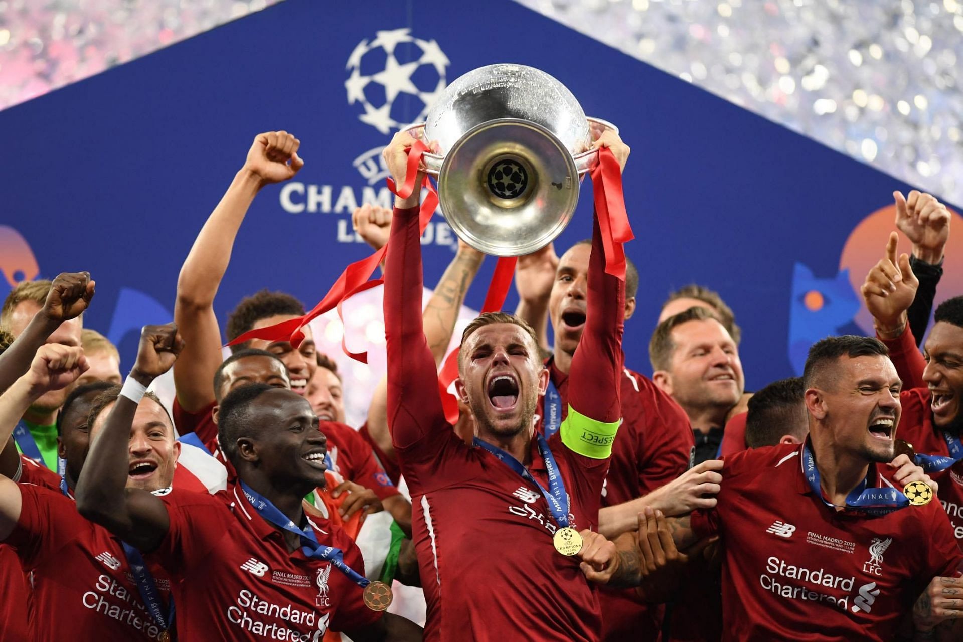 Liverpool players celebrate after winning the 2018-19 Champions League title (cred: CNN).