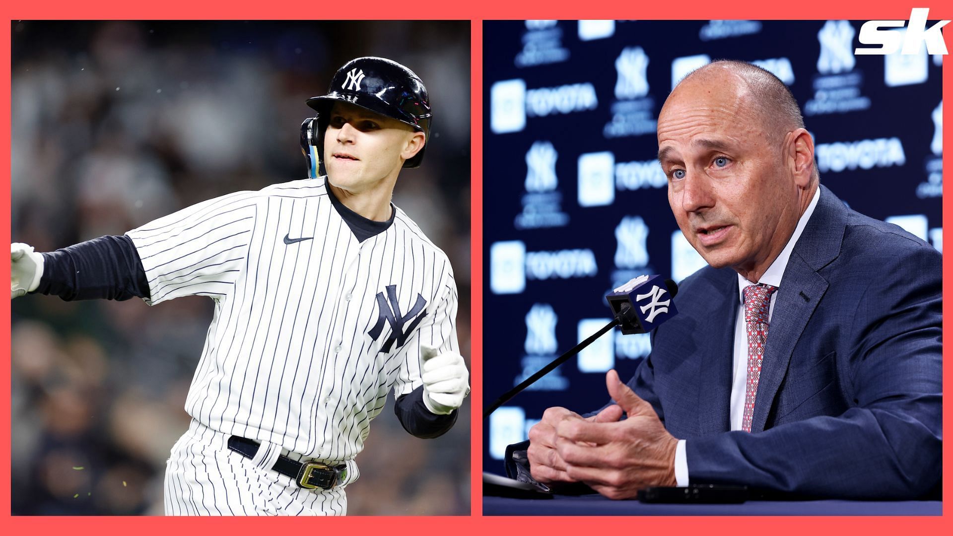 Jake Bauers and Brian Cashman of the New York Yankees