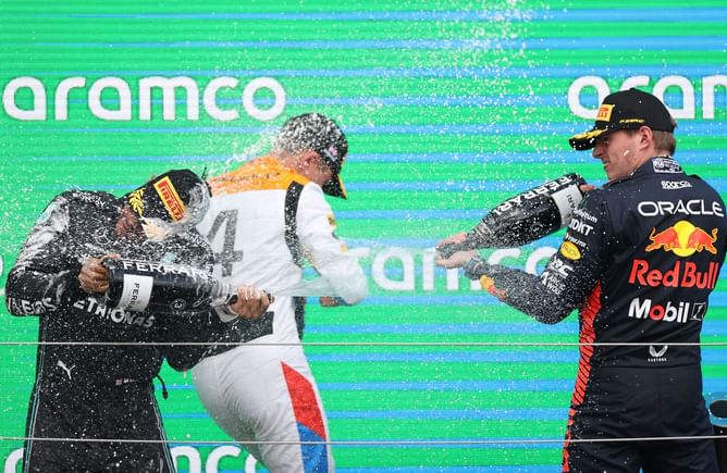 WATCH: Max Verstappen, Lewis Hamilton, and Lando Norris begin podium celebrations before accepting the trophies