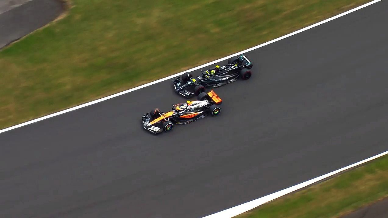 Lewis Hamilton (44) and Lando Norris (4) race each other at the 2023 F1 British Grand Prix (Image via Sportskeeda)