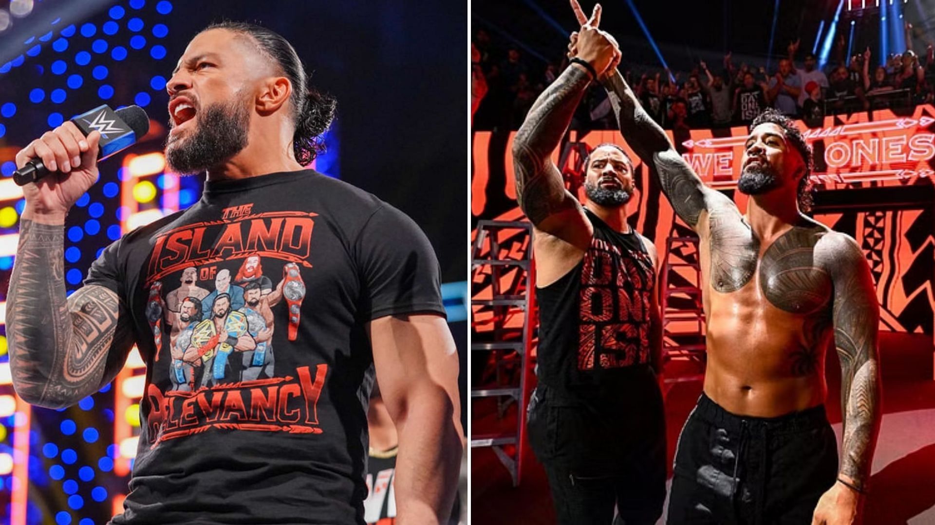 Roman Reigns (left) and The Usos (right)
