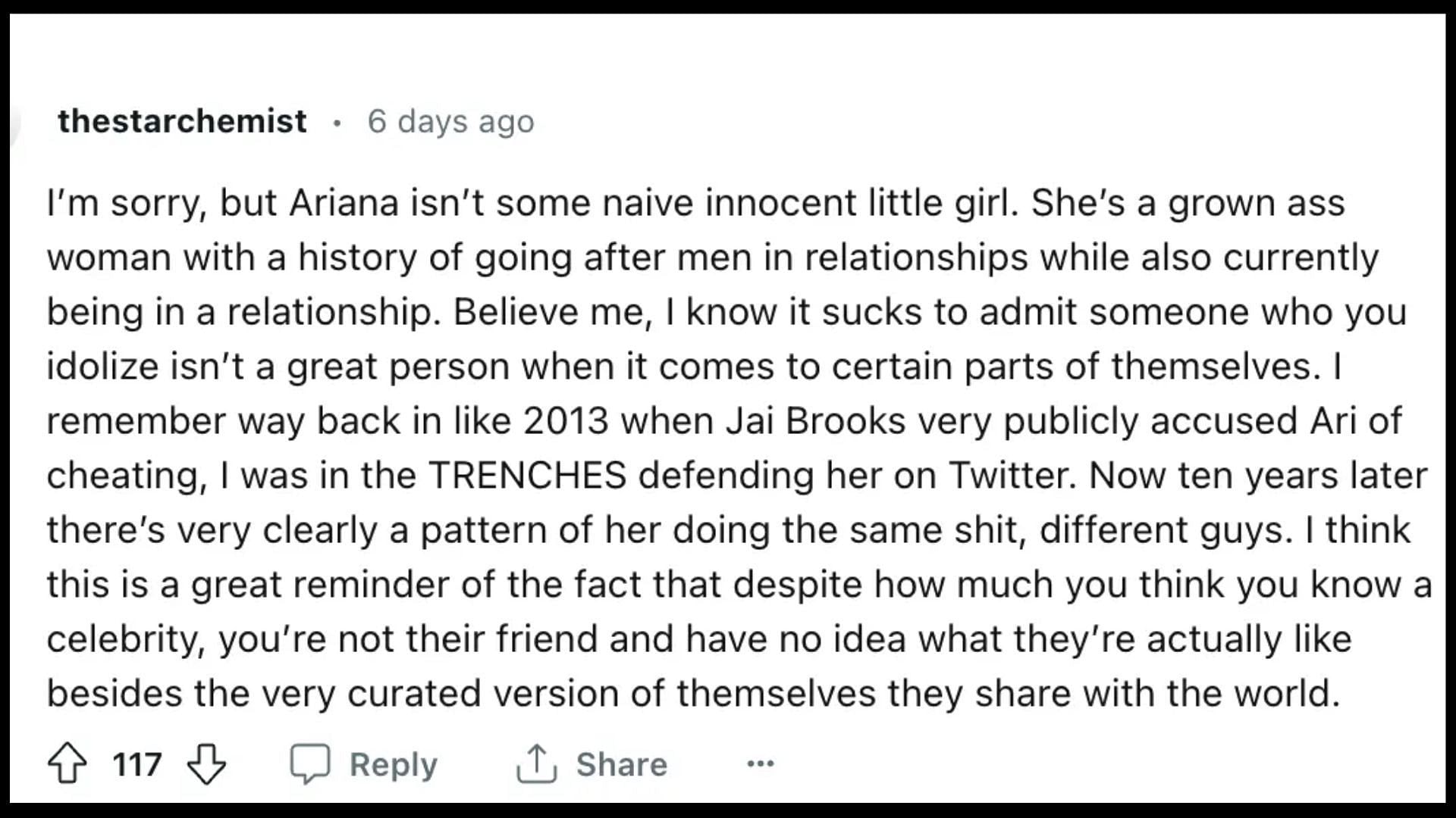 Netizen point out Ariana&#039;s history of dating men in relationships (Image via reddit)